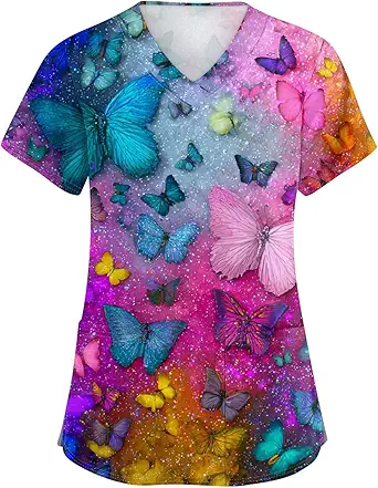 OIOLOYJM Printed Scrub Tops Women V Neck Short Sleeve Plus Size Scrubs for Womens Nursing Uniforms Shirts with Pockets