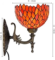 Vista 2 de Lámpara de pared Tiffany con aplique, enchufe o cableado, luz de pared con cúpula de vidrio manchado color rojo glicinia de 8 pulgadas, 8X10.5X11