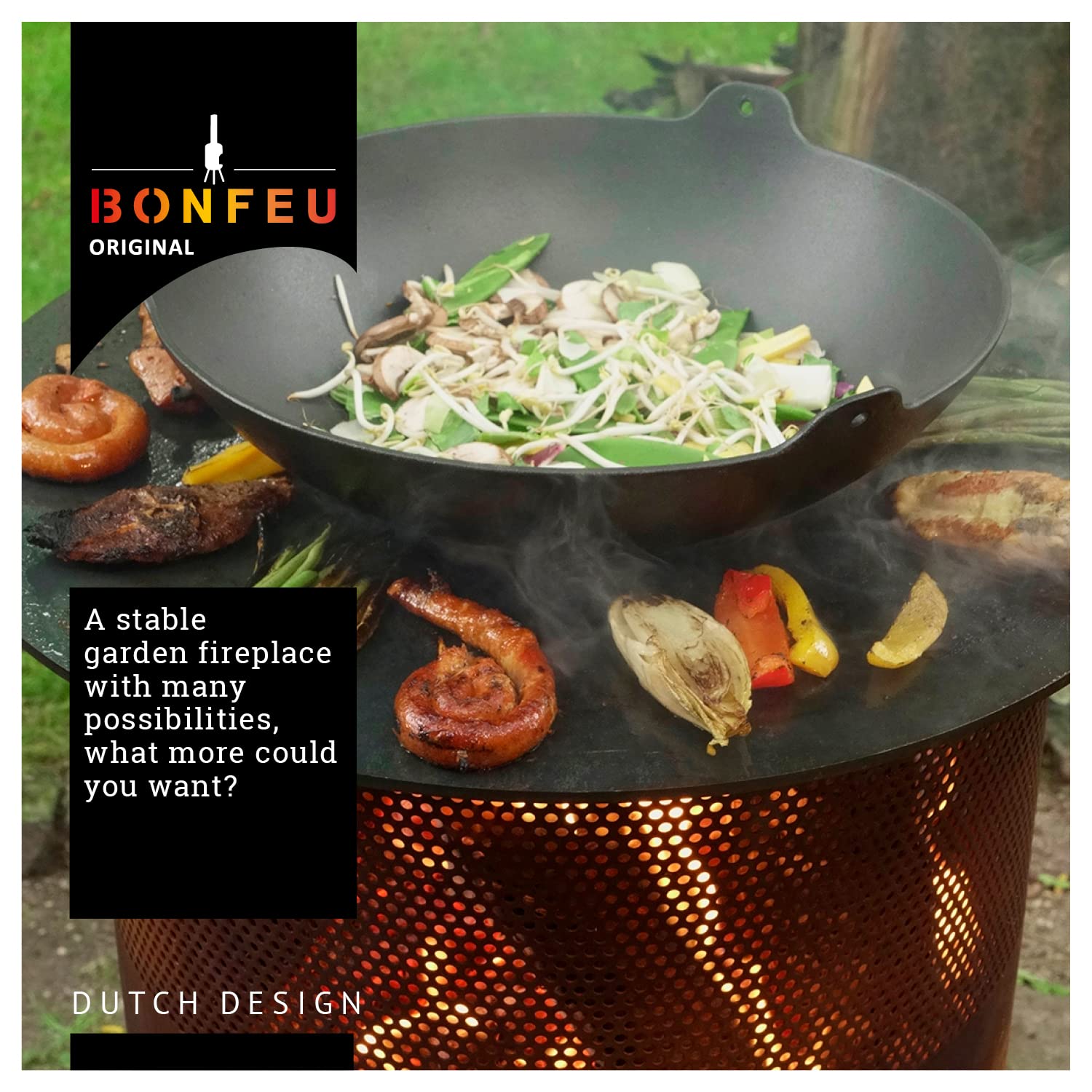 BonFeu Bonves ruszt do grillowania o średnicy 45 cm, kosz do ogrodu – beczka na ogień i palenisko – palenisko ze stali – z rusztem do grillowania i pogrzebaczem do gotowania – kosz paleniskowy z rusztem do grillowania wysokiej jakości