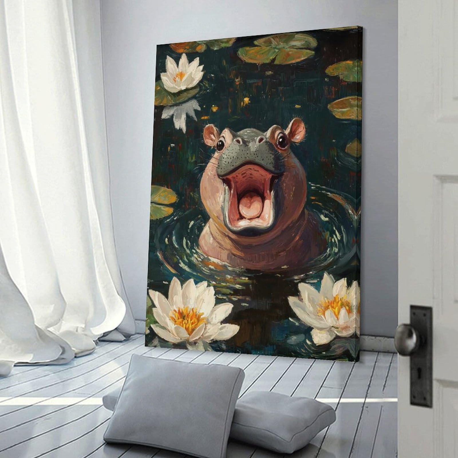 Junmoney Smiling Hippo in Water Lilies Hanging Wall Art 08x12inch(20x30cm), for Study, Office Or Focused Interiors, Wall Art That Adds Style to Work Areas