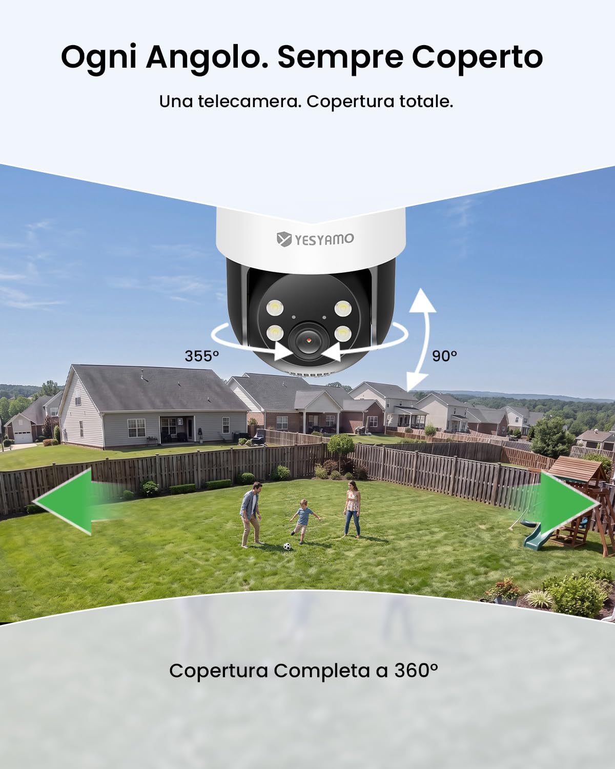 YESYAMO 4MP AOV Telecamera WiFi Esterno con Tracciamento Automatico | Monitoraggio Continuo 24/7 Telecamera Solare 360° PTZ con Rilevamento AI 30m, Batteria 9000mAh, Allarme Sono/Lumière, 2,4GHz