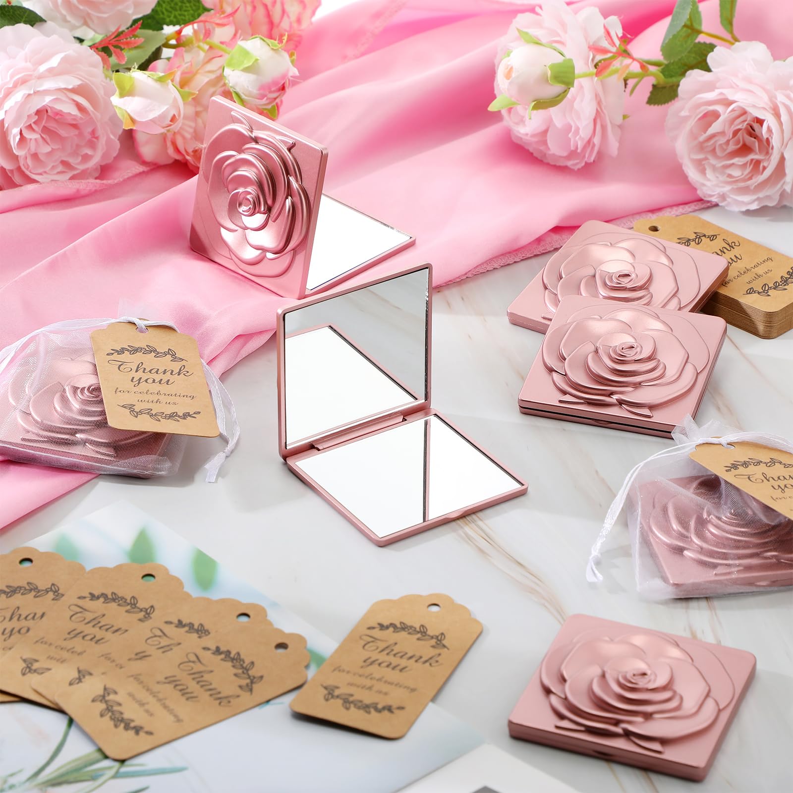 Soaoo Zestaw 30 różowych kompaktowych luster luzem Quinceanera Party Favors dla gości kieszonkowe lusterko z podziękowaniami i torbą z organzy na ślub wieczór panieński wieczór panieński przyjęcie
