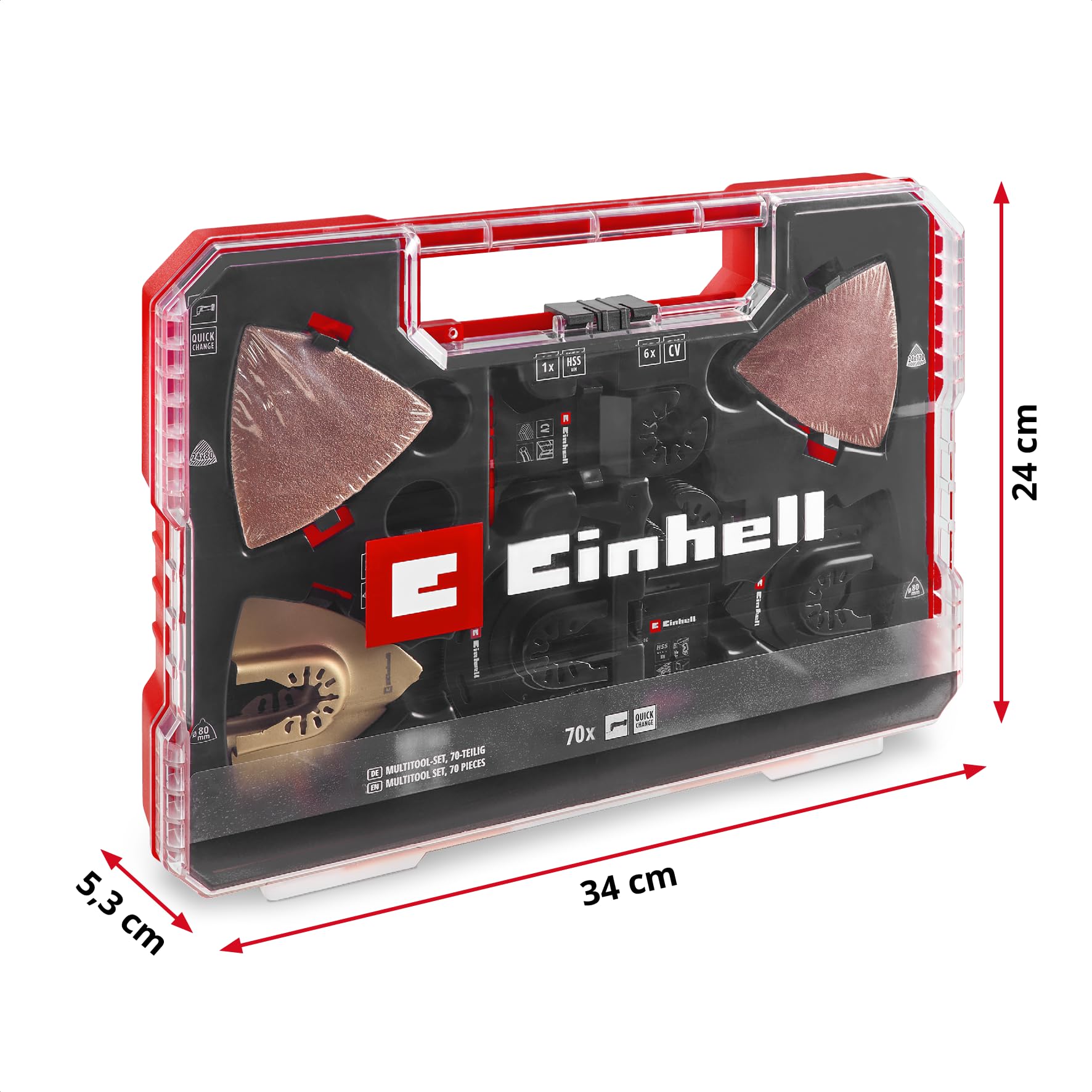 Original Einhell XXL-CASE 70-tlg. Multitool-Set (BiM/CrV-Tauchsägeblätter, HCS/HM/BiM-Halbrund-Sägeblätter, HM-Delta-Raspel, Delta-Trägerplatte, Schleifpapier, Dremel-Adapter)