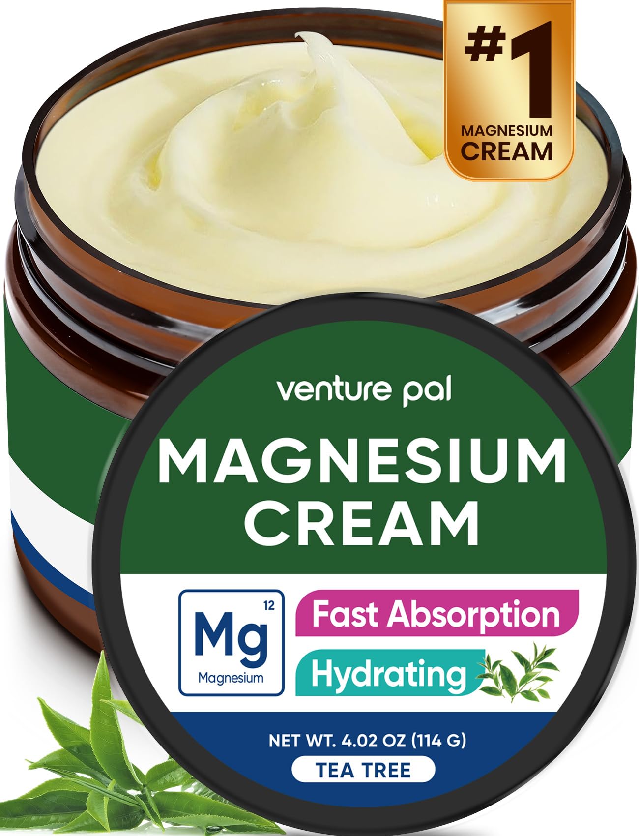 Venture Pal Creme tópico de magnésio com óleo de coco, manteiga de karité e ácido hialurônico V5-Tea Tree, 120 mL