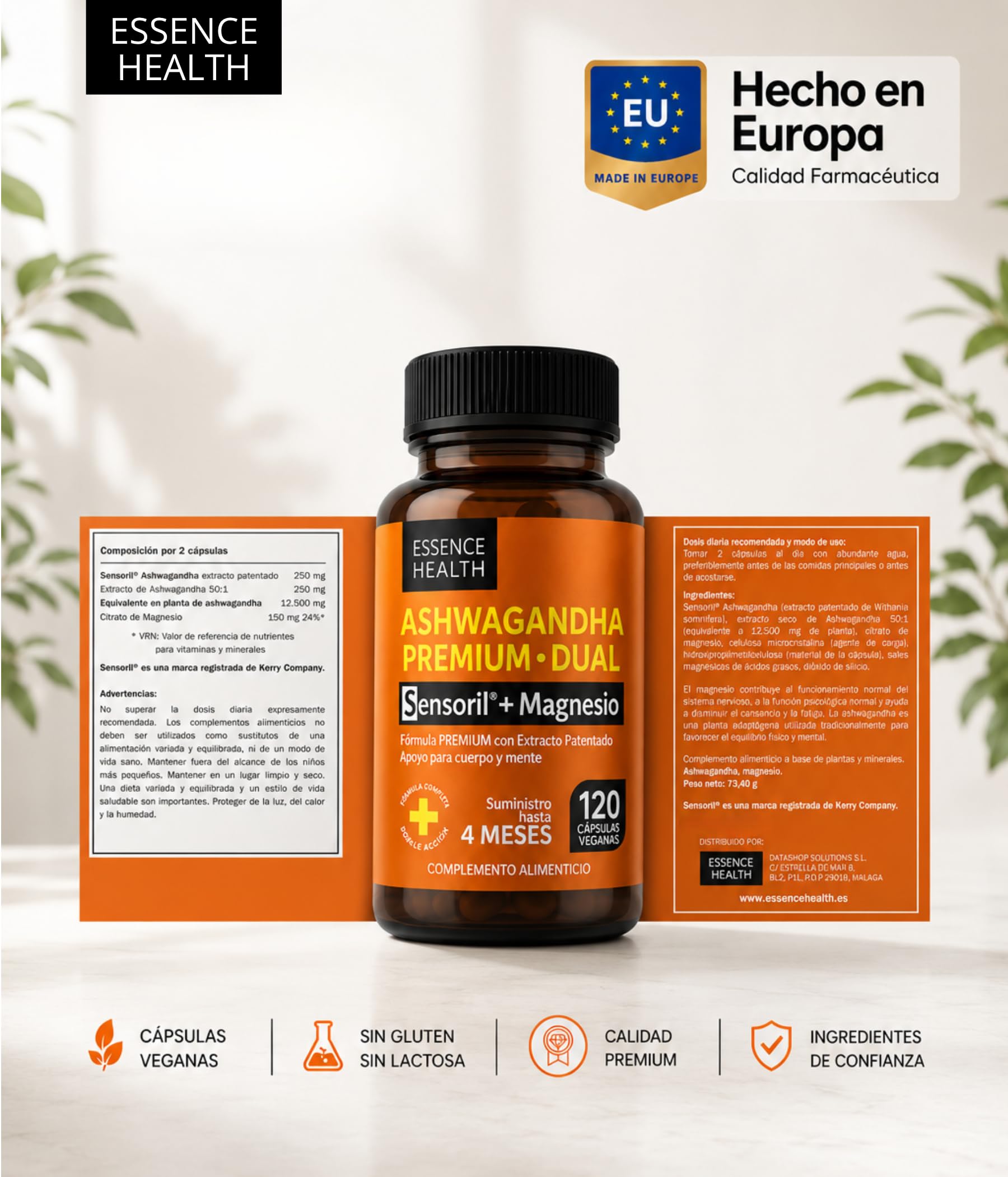Ashwagandha Sensoril® Alta Potencia 50:1 – Extracto de Ashwagandha Adaptógena para Estrés, Ansiedad y Energía – con Magnesio para Equilibrio Mental – 120 Cápsulas Veganas