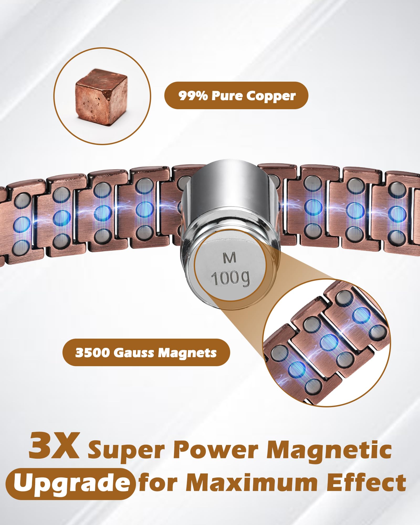 HHRFCS Kupferarmbänder für Männer, 3X Magnetarmbänder für Männer mit extrem starken Magneten, einstellbare Größe und Schmuck-Geschenkbox