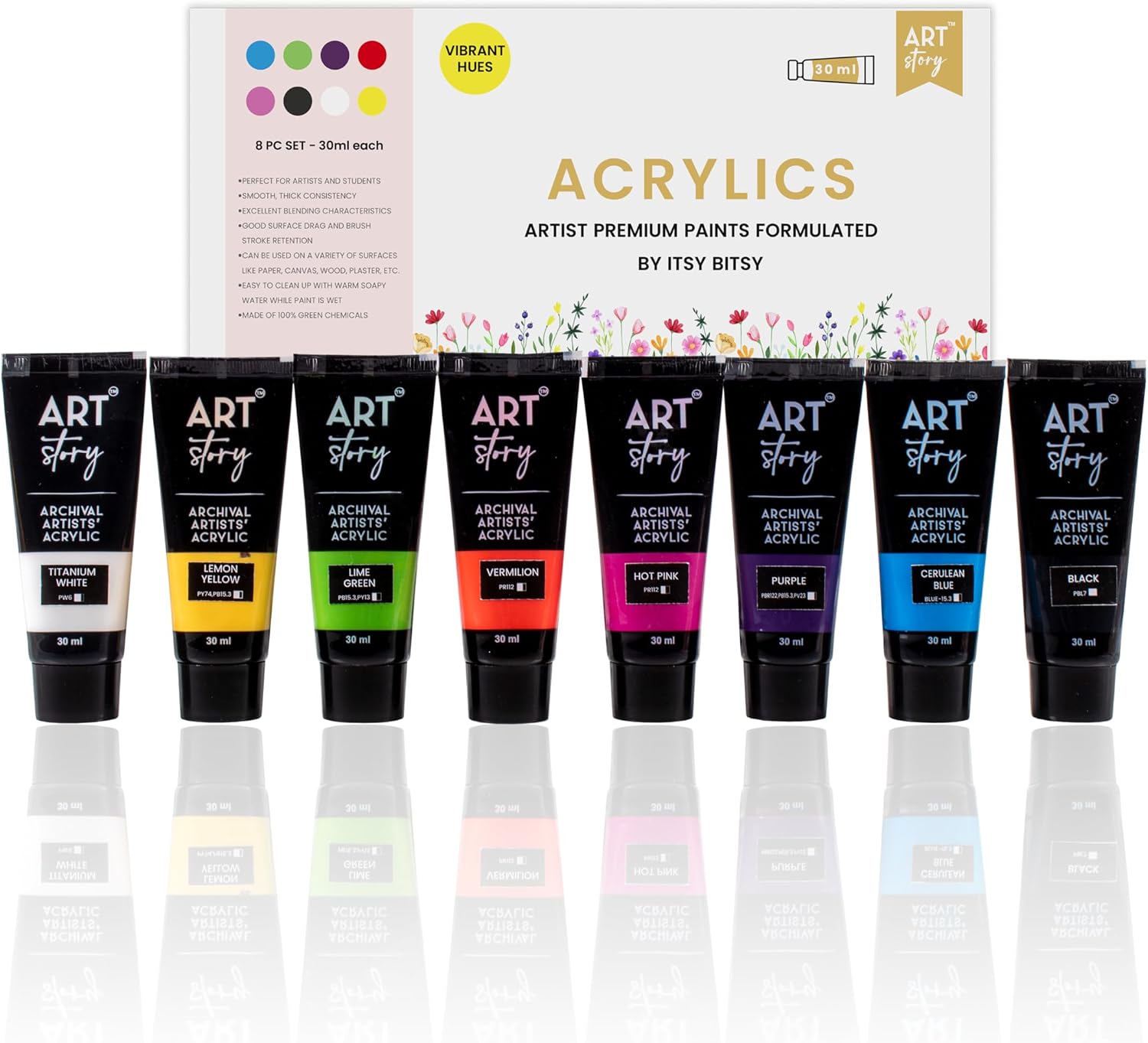Itsy Bitsy Art Story Artists Acrylic Paint Set - Bright 8 colours X 30ml each