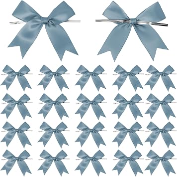50 Dusty Blue Pre-Tied Satin Ribbon Bows with Twist Ties, 3.1 Inch Decorative Gift Bows for Gift Wrapping, Favor Bags, Treat Bags, Bottle Decoration, Wedding Baby Shower Party Favors