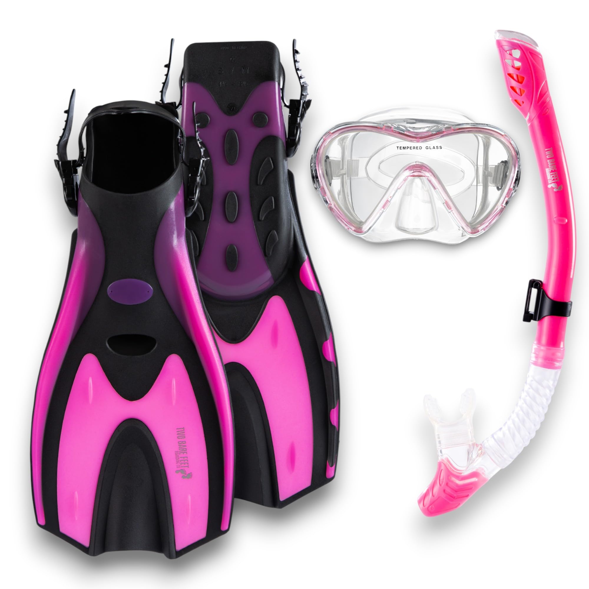 Two Bare Feet Adults 3 Piece Silicone Mask, Snorkel and Fins Diving Set, Anti Fog Anti Leak Snorkelling Set - Style 3 (Pink, Pro Dive Snorkel, S/M UK4.5-8.5) — image 1