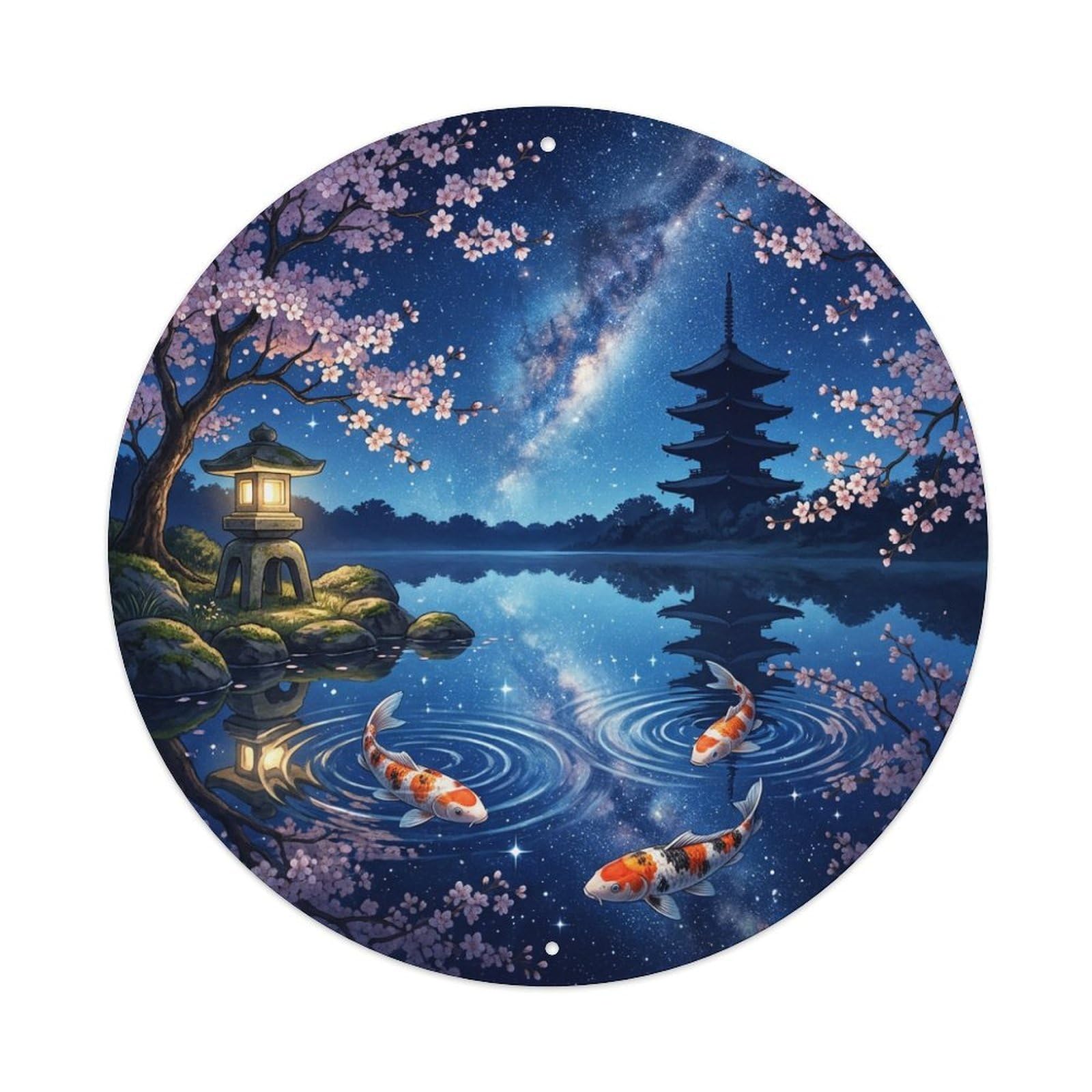 Galvaxio Style Japanese Koi Fish Starry Night Sky Reflection Metal Tin Sign