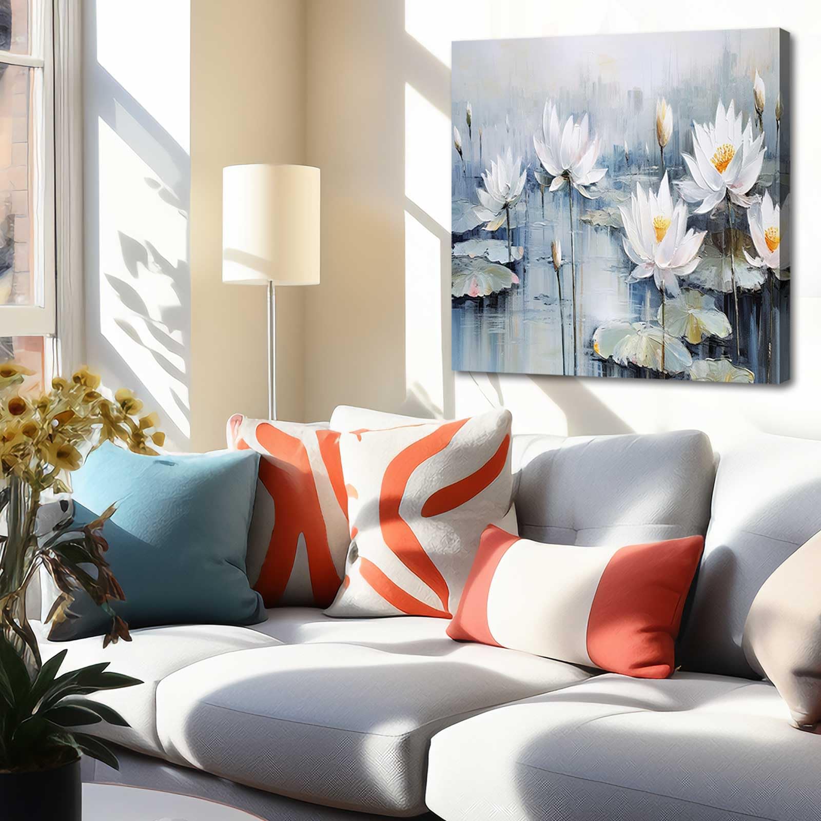 XIANSHOU Floral Wall Decor for Bedroom White with Yellow Flowers Blooming 11"x 11" Blue Wall Art Landscape Artwork for Bathroom Home Office Kitchen Decoration