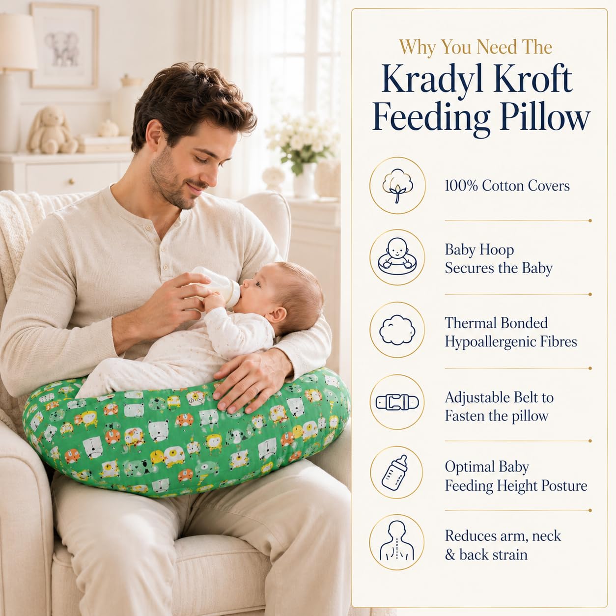 Kradyl Kroft 5in1 Baby Feeding Pillow with 100% Cotton Removable Cover | Breastfeeding Pillow | Nursing Pillow with Belt and Hoop (Green Panda) 4