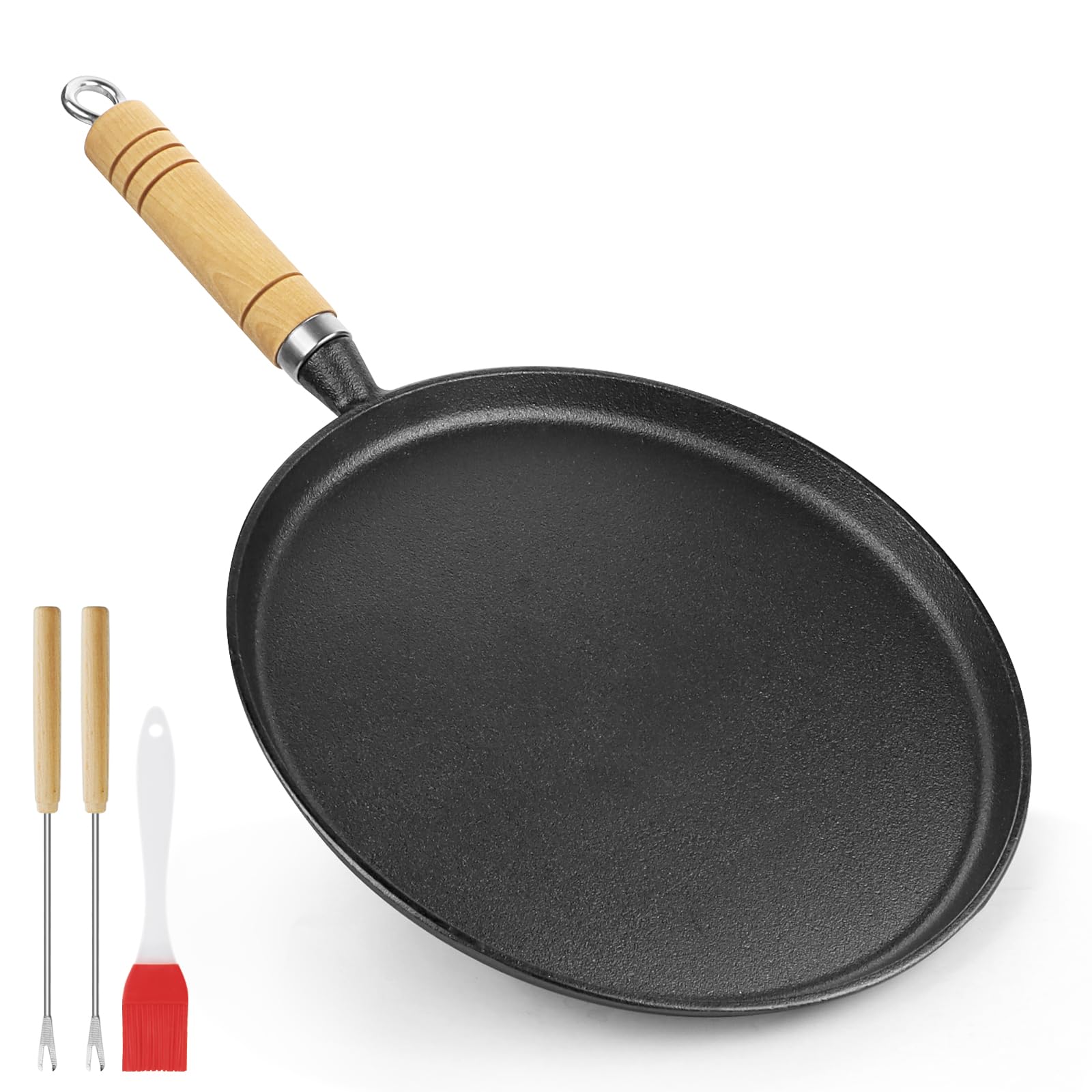 Hioph Cast Iron Pancake Pan with Wooden Handle, 25cm Round Griddle, Non-Stick Base, Includes Fork and Basting Brush, for Dosa, Omelette, Tortilla