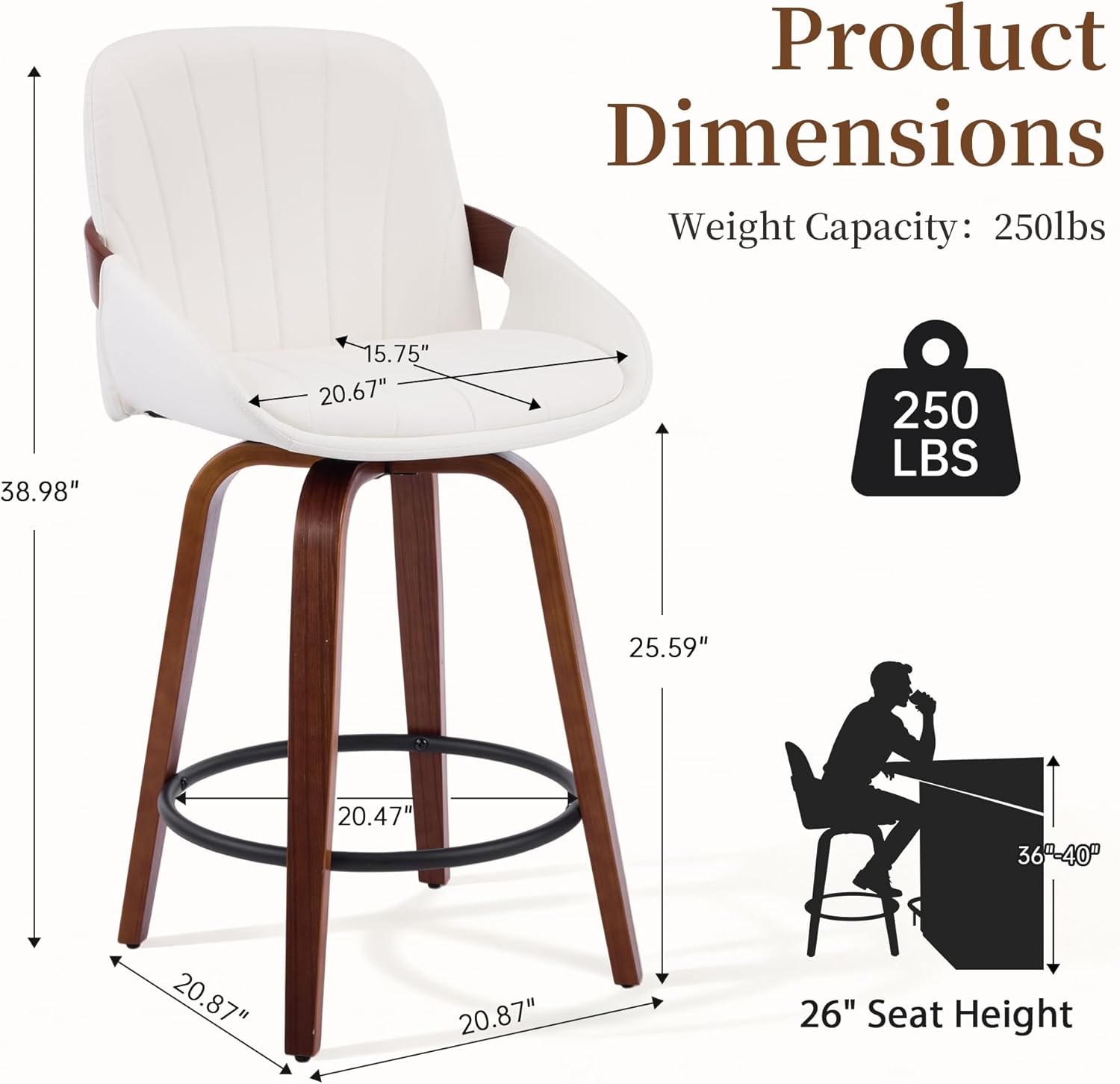 Mid Century Modern Bar Stools Set of 2, 26 Inch Swivel Stools with Upholstered Seat, Curved Back & Bentwood Legs for Kitchen Island, Breakfast Bar, Home, Office，White