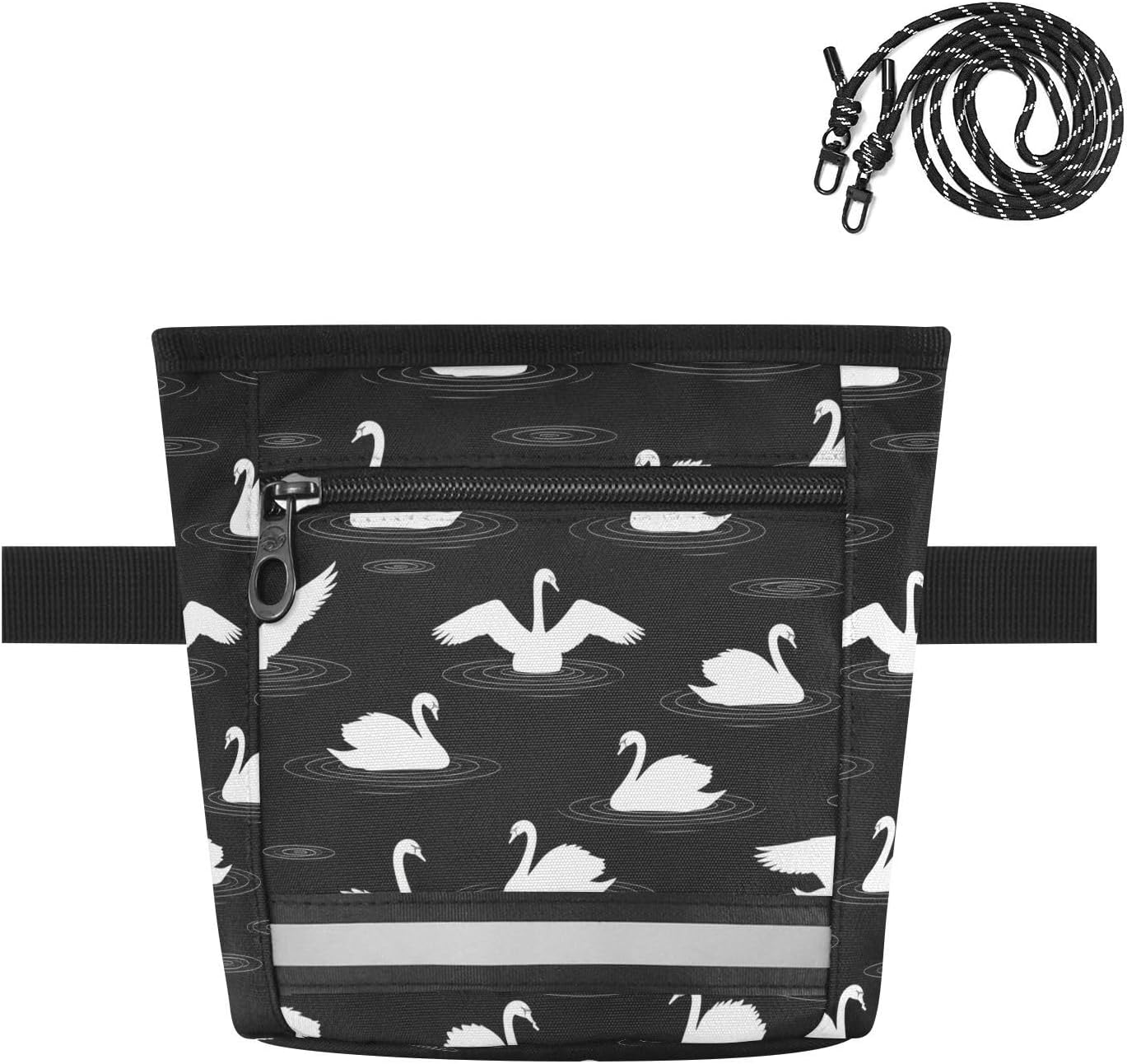 Swans Black Print Dog Treat Pouch with Magnetic Closure, Dog Training Treat Bag for Pet Hiking Walking Traveling with Waist Belt and Shoulder Strap