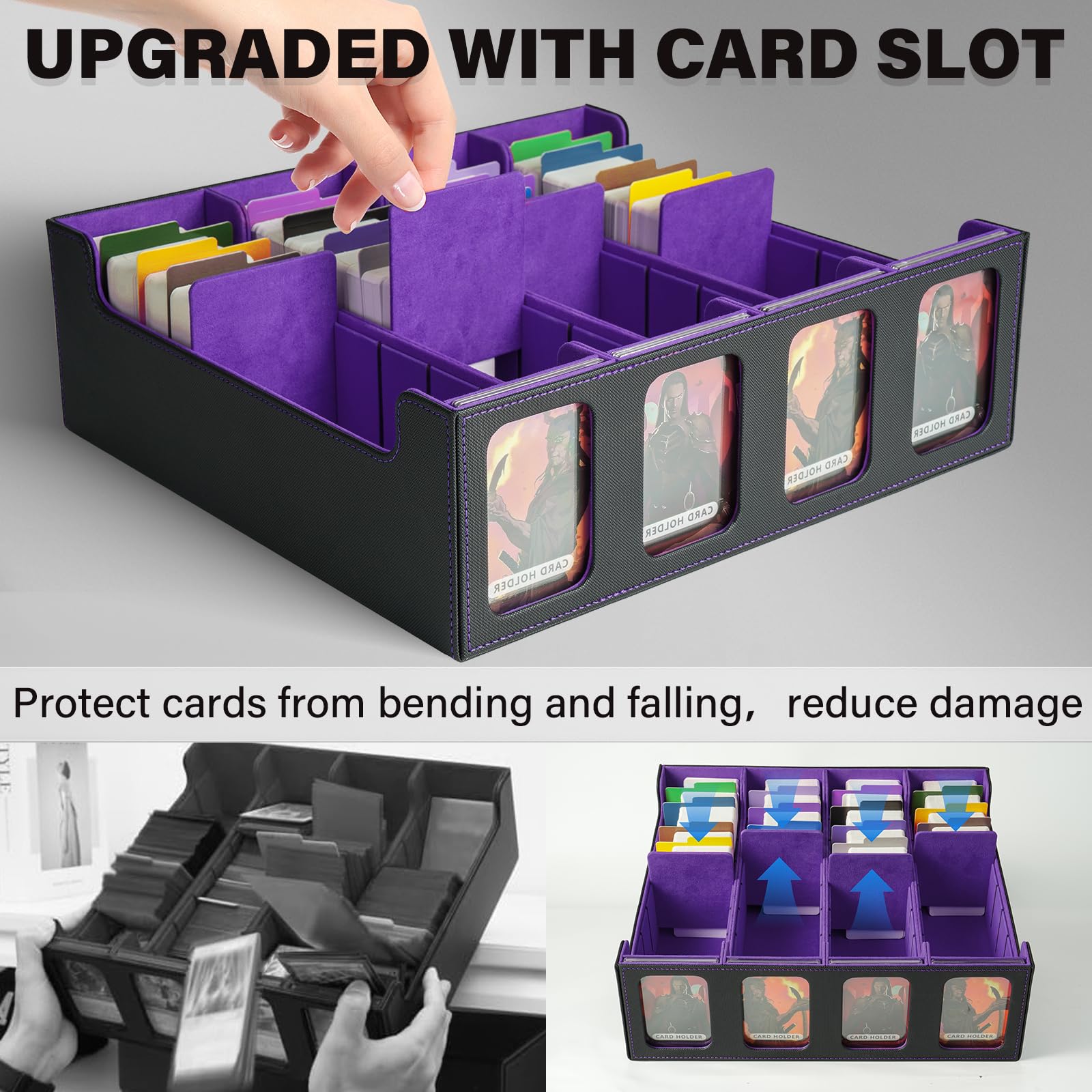 MTG Deck Box, contenitore per oltre 3000 carte con 24 divisori e 4 supporti per carte, scatola per carte Commander con finestre, adatta a Yu-Gi-Oh e TCG (nero e viola)