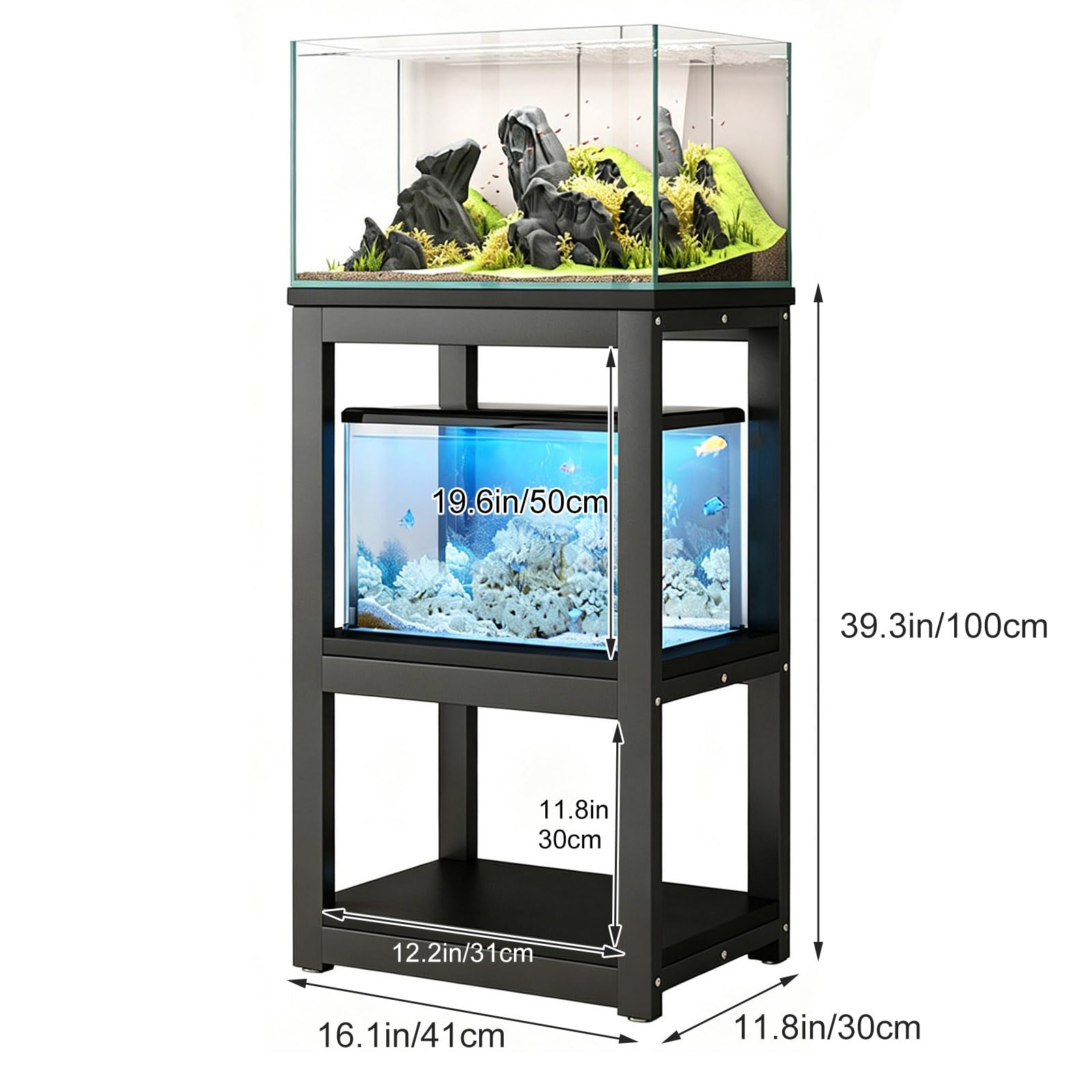 Supporto Acquario 3 Ripiani per 10-40 Galloni, Mobile Acquario in Metallo Resistente con Mensole, Supporto Terrario Stabile e Salvaspazio White Frame + Black Board 41*30cm/16.1*11.8in