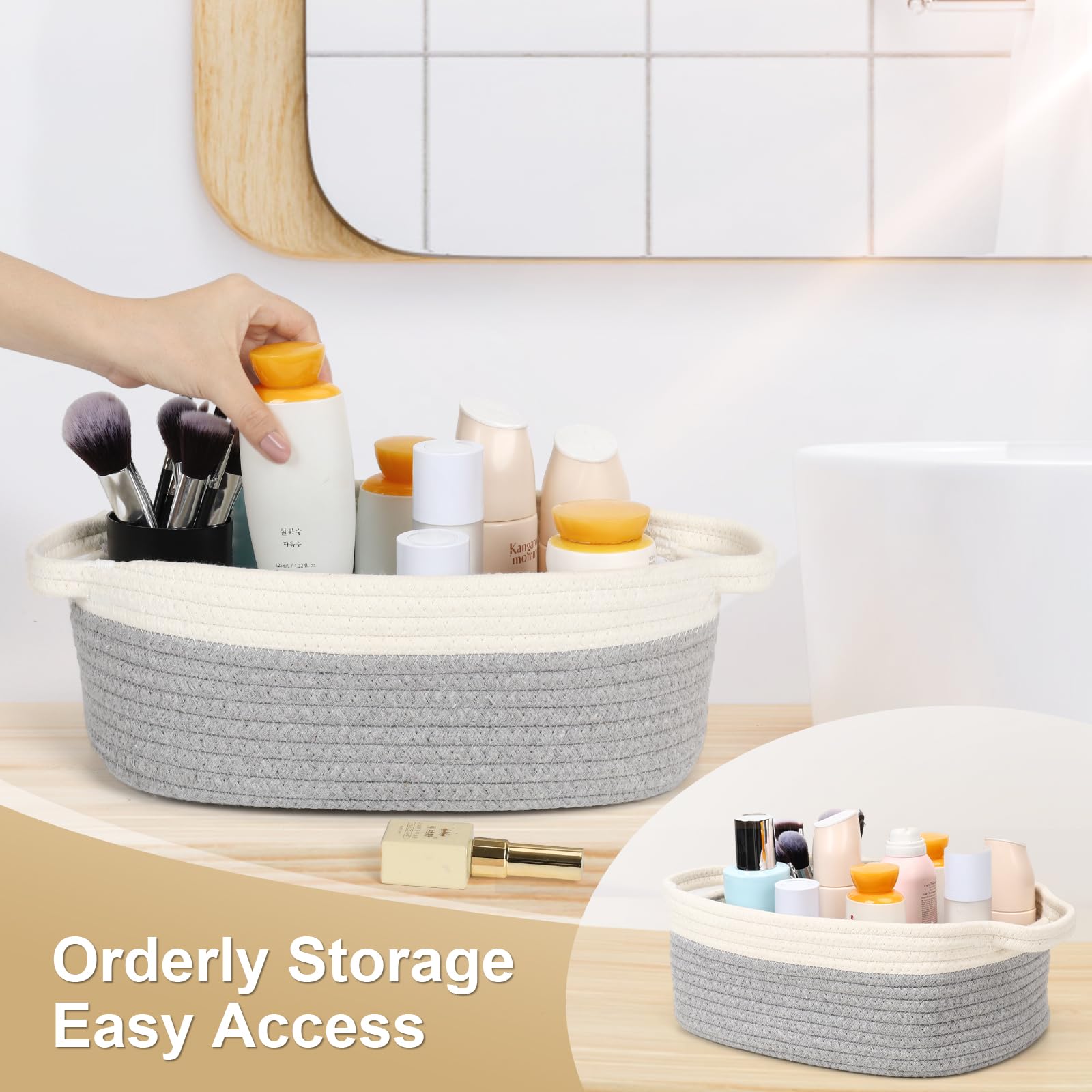 Cinnani Set di 5 Cestini Portaoggetti Intrecciato in Corda di Cotone, Impilabile Organizer Fasciatoio, Decorazione Cesto Portaoggetti per Bagno, Armadio, Camera da Letto, Soggiorno (Bianco/Grigio)