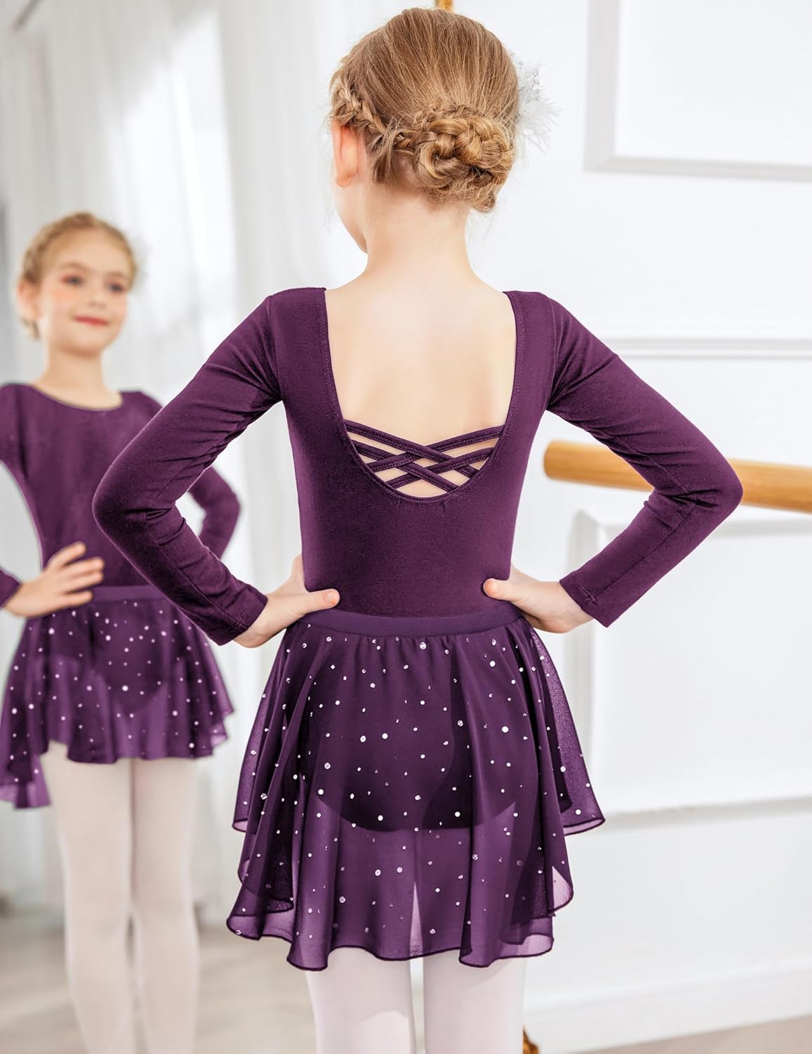 Zaclotre Girls Ballet Leotards Toddler Long Sleeve Crisscross Back Dance Dress Outfit with Removable Shiny Skirt Combo - Image 3