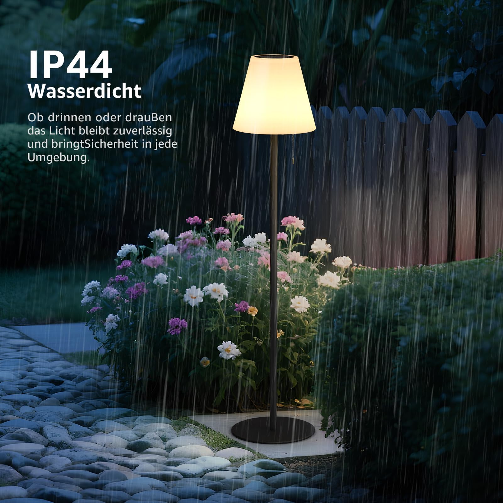 MALUX Lámpara de pie solar, lámpara de pie inalámbrica con sensor de luz, IP44, resistente al agua, altura regulable de 147 cm, lámpara de pie solar para exterior, lámpara de pie para decoración