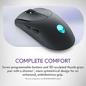 Alienware AW720M Tri-Mode Wireless Gaming Mouse - 2.4GHz Wireless, Bluetooth 5.1, 26,000 DPI, 8-Fully Programmable Buttons, Magnetic Snap Charging Adapter USB-A to USB-C Cable - Dark Side of The Moon