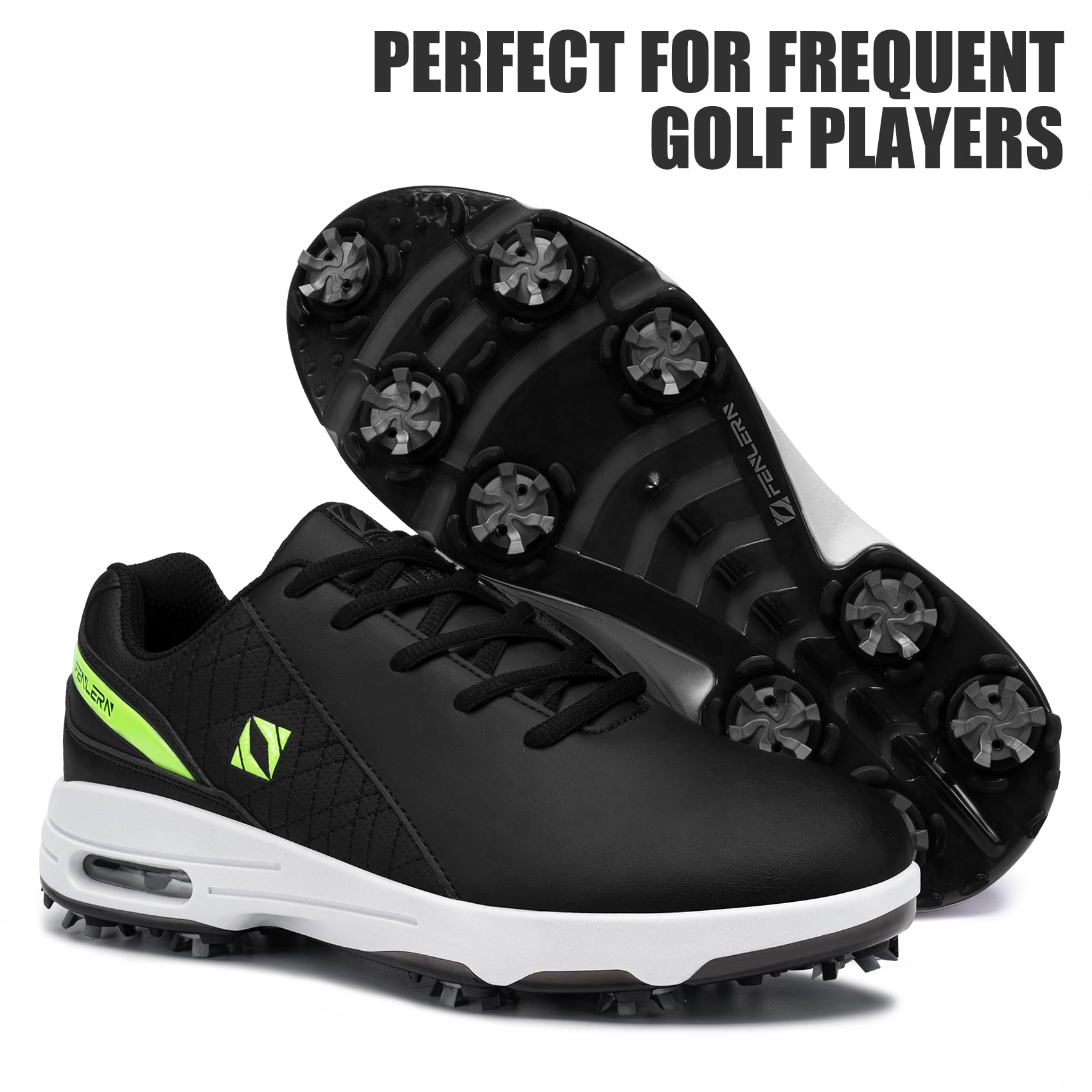 FENLERN Golfschuhe für Herren, mit Spikes, wasserdichtes Leder-Obermaterial, Dämpfung F006