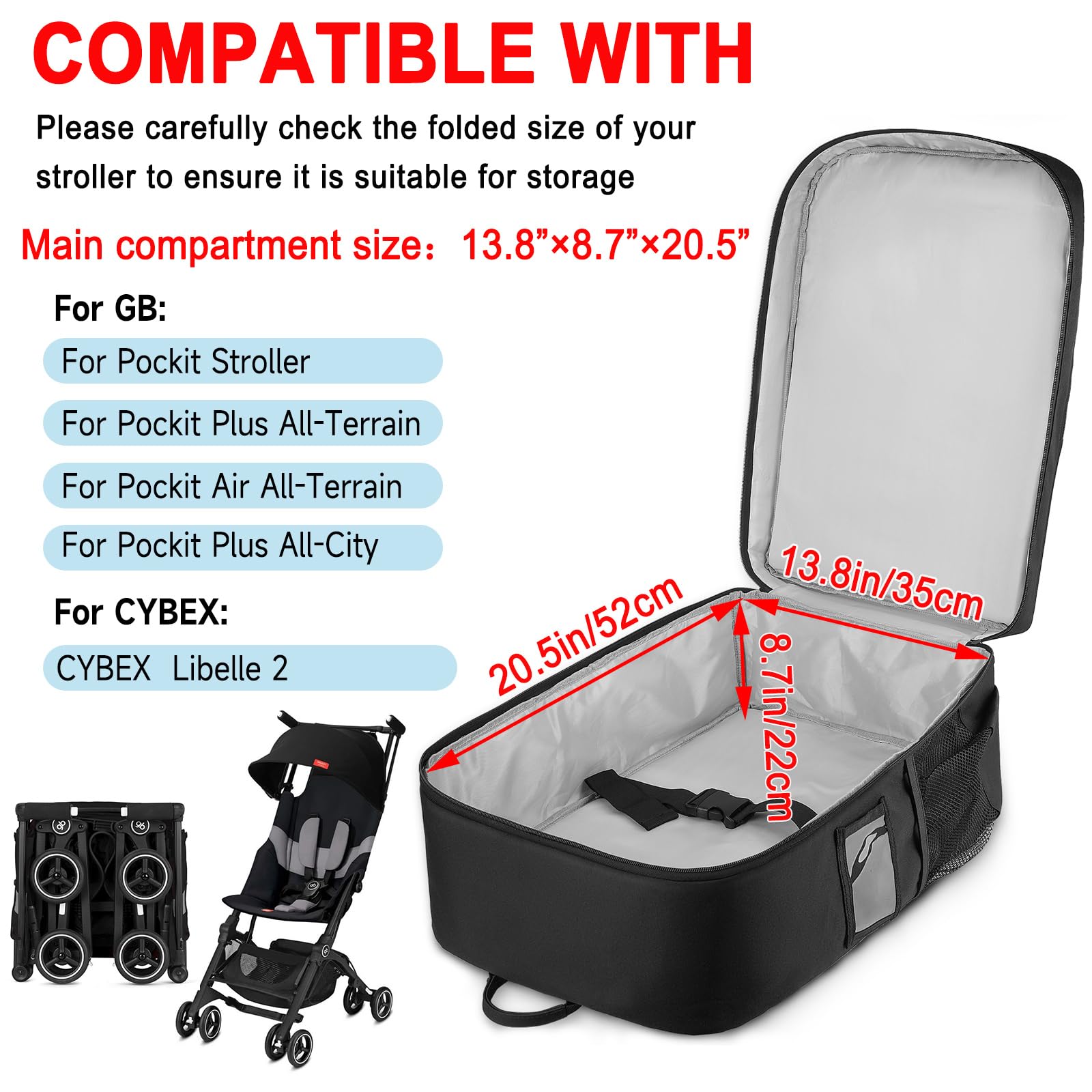 Borsa da viaggio per passeggino, zaino imbottito compatibile con passeggino Gb Pockit/GB Pockit+ All City/GB Pockit Air All Terrain/Cybex Libelle 2, borsa portaoggetti per accessori per passeggino di