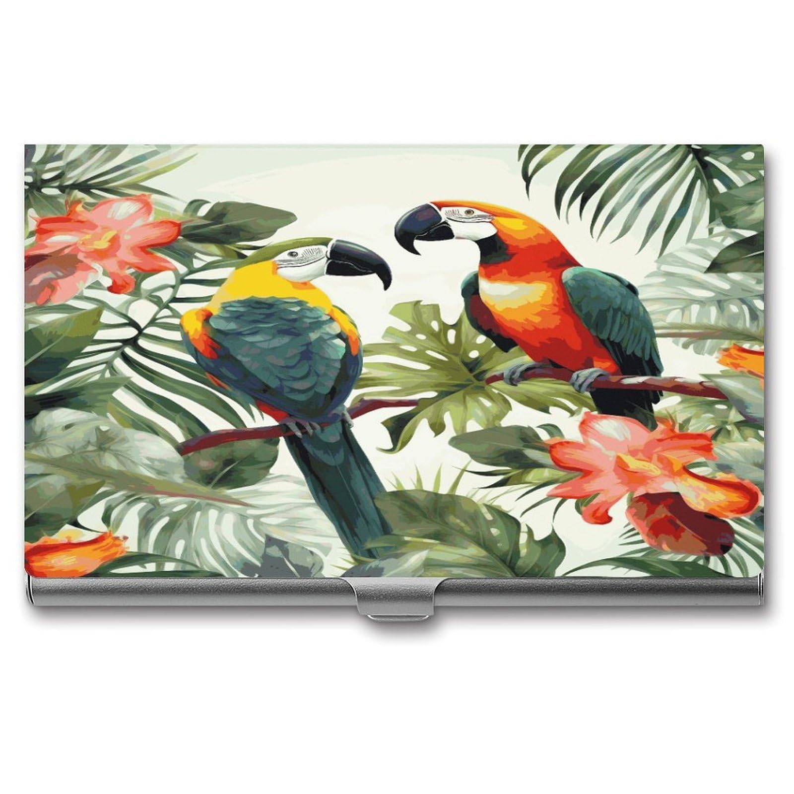 JTREHY Toucans Parrot Palm Tree Leaves Business Card Holder Slim Purse Name Card Holder Portable Metal Business Card Case Wallet Large Capacity Lightweight Business Card Case for Men Women