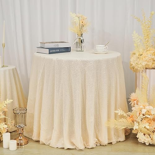 Trlyc Mantel redondo de lentejuelas, 132 manteles de lentejuelas color marfil brillante, manteles de lentejuelas color marfil brillante para boda