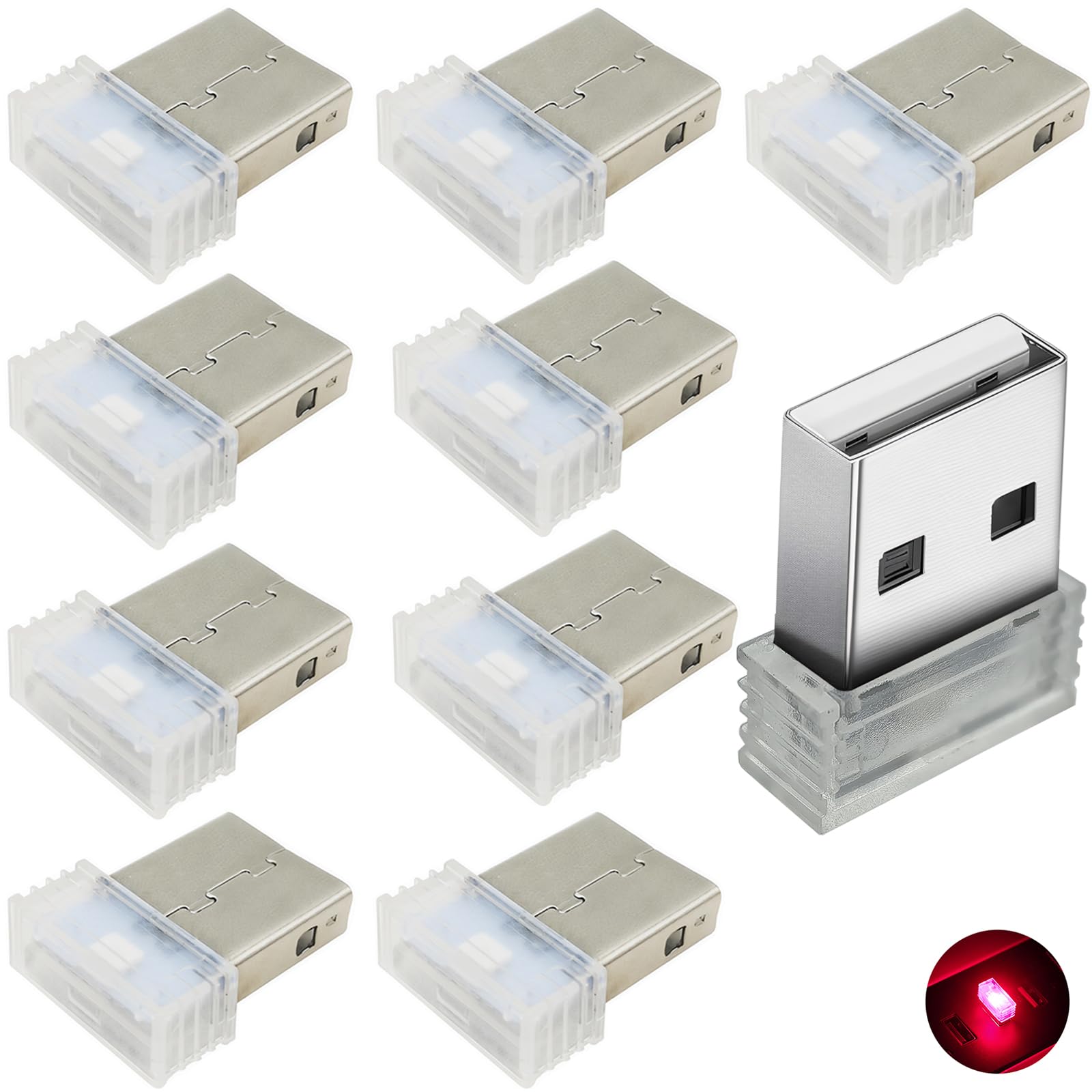 Oświetlenie wewnętrzne USB, nastrojowe światło LED (czerwone), oświetlenie wnętrza samochodu, funkcja Plug and Play, 5 V, USB, nastrojowe światło (10 sztuk)