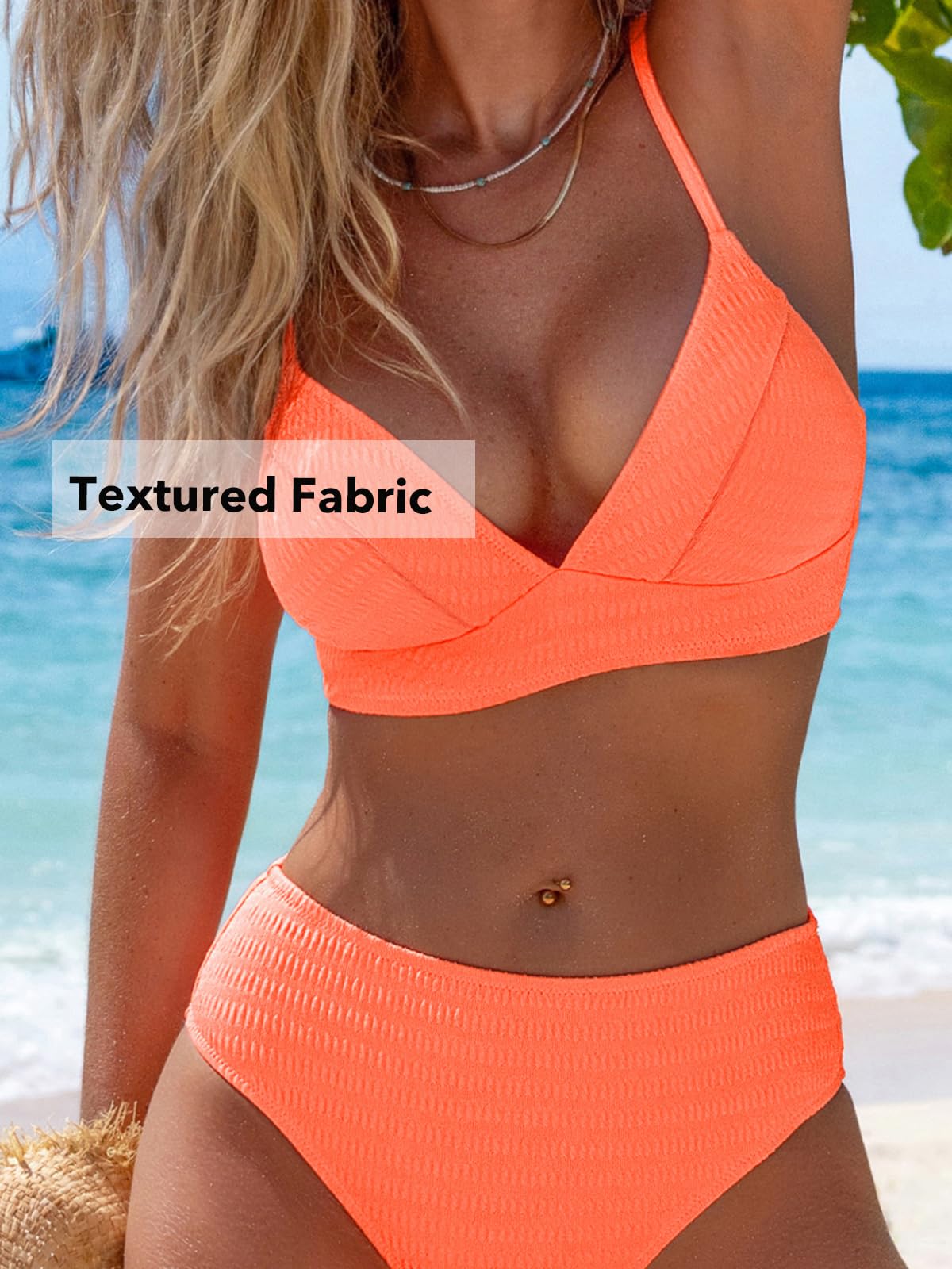 CUPSHE Conjunto de bikini para mujer, traje de baño de dos piezas, cintura alta, cuello en V, texturizado, espalda cruzada, traje de baño