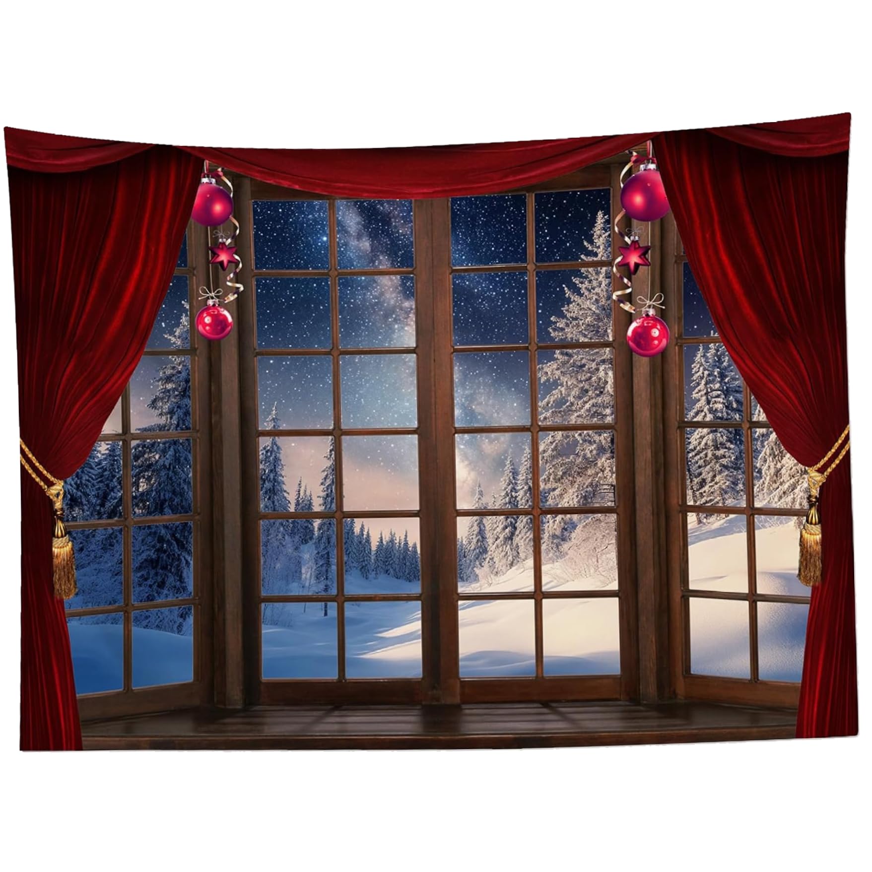 Tapisserie de Noël pour salon créant une ambiance de chalet et forêt enneigée