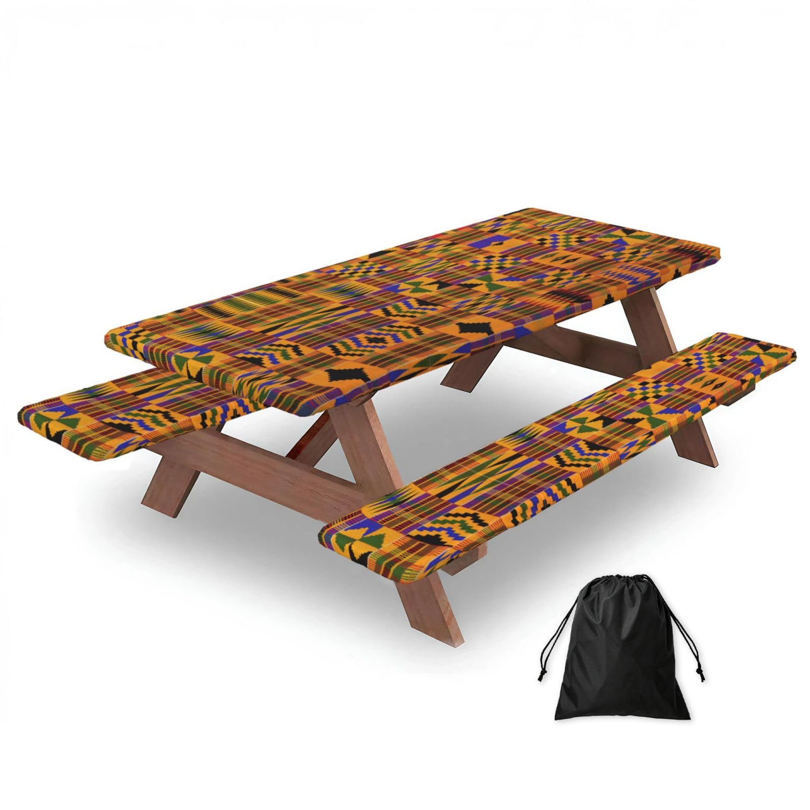 Zyjhyy Black African Ethnic Pattern Print Party Table Covers With Bench Covers Set Of 3 Picnic Table Cloth Wipe Clean For Garden Camping