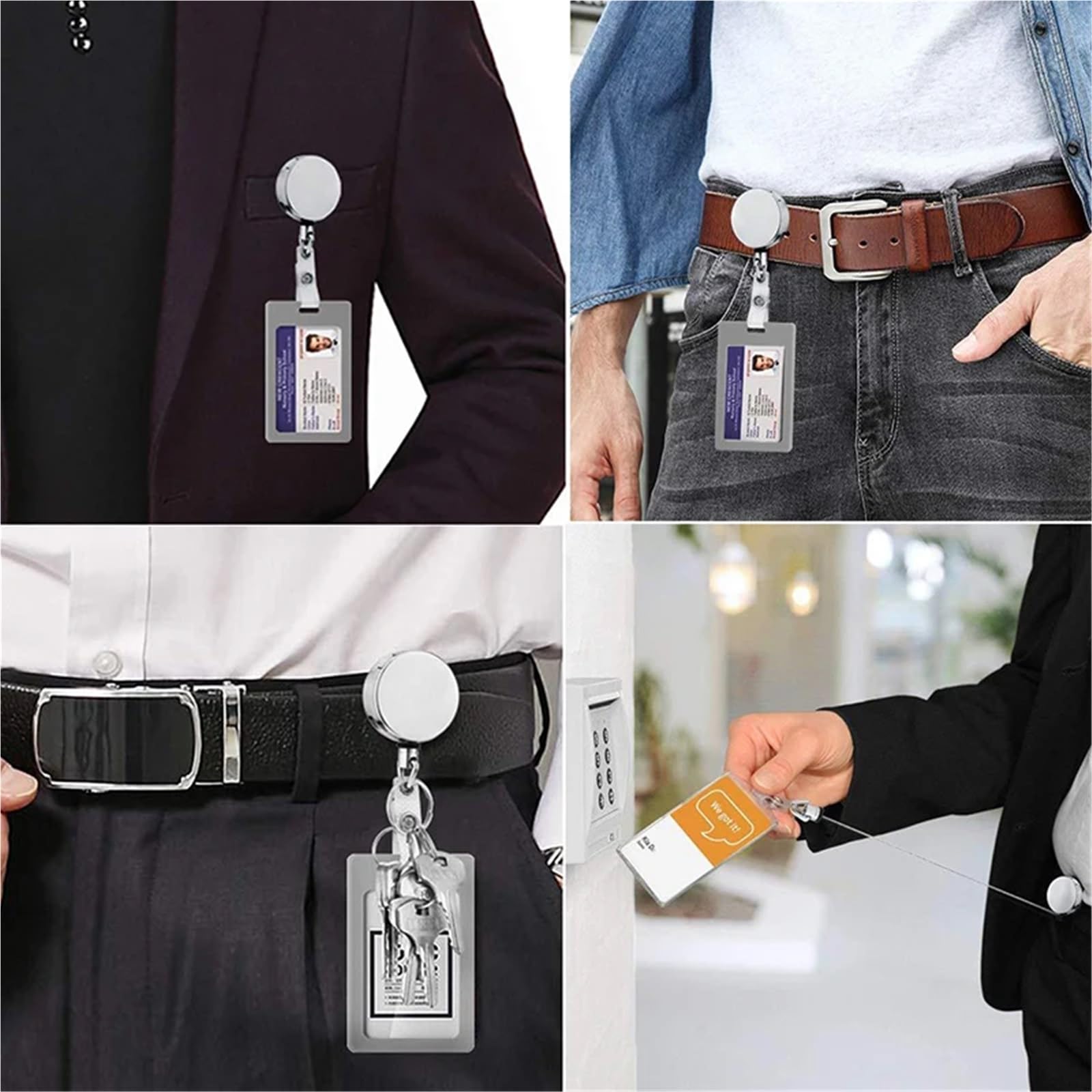 40 llaveros retráctiles de alambre metálico con hebilla fácil tirar, cordón identificación, tarjeta, llavero elástico Para Oficina(Silver)