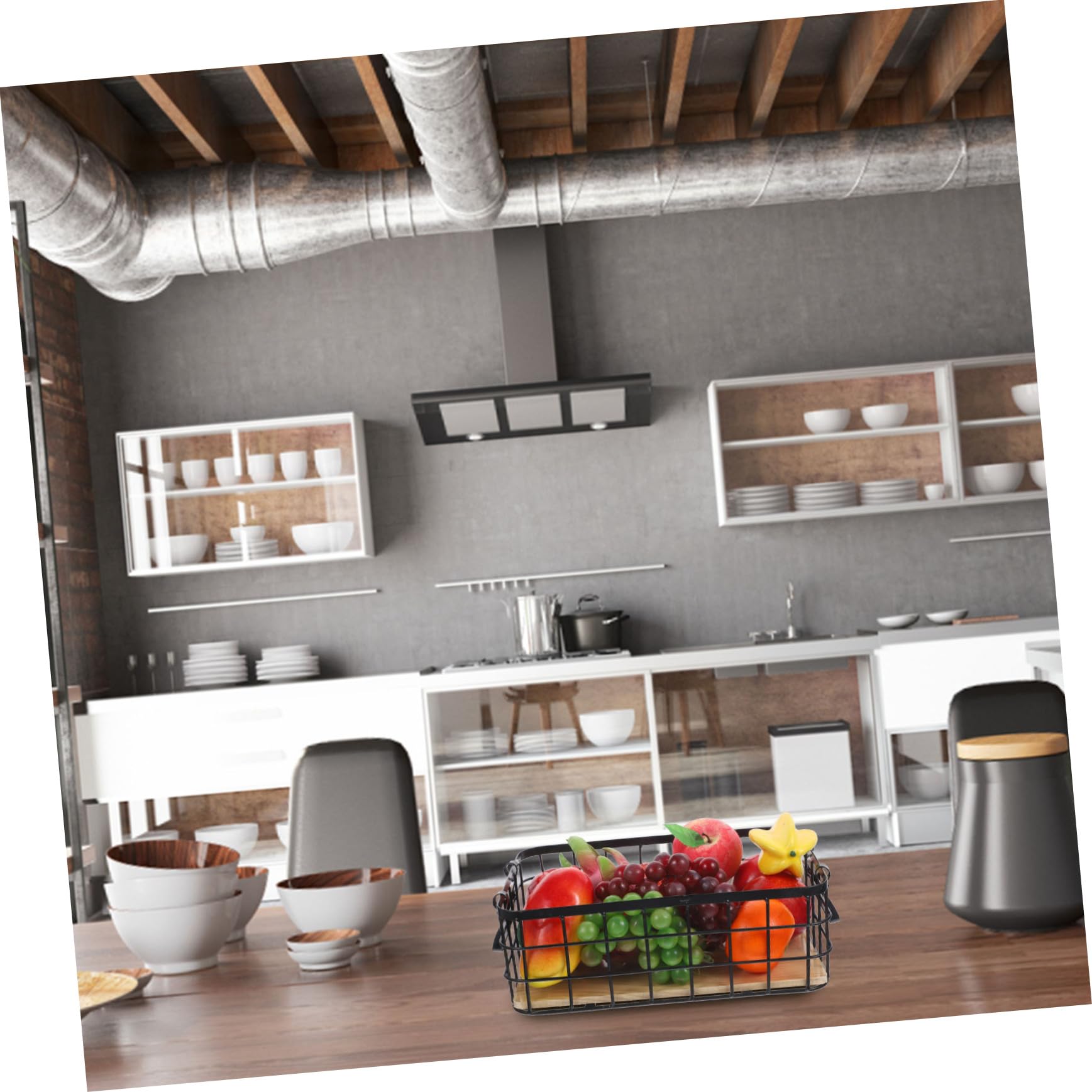 ULTECHNOVO Cesta de Almacenamiento de Alambre Negra Asa y Base de Madera | Rectangular y Robusta, para Frutas y Utensilios del Hogar, Uso en Mesa o Exterior