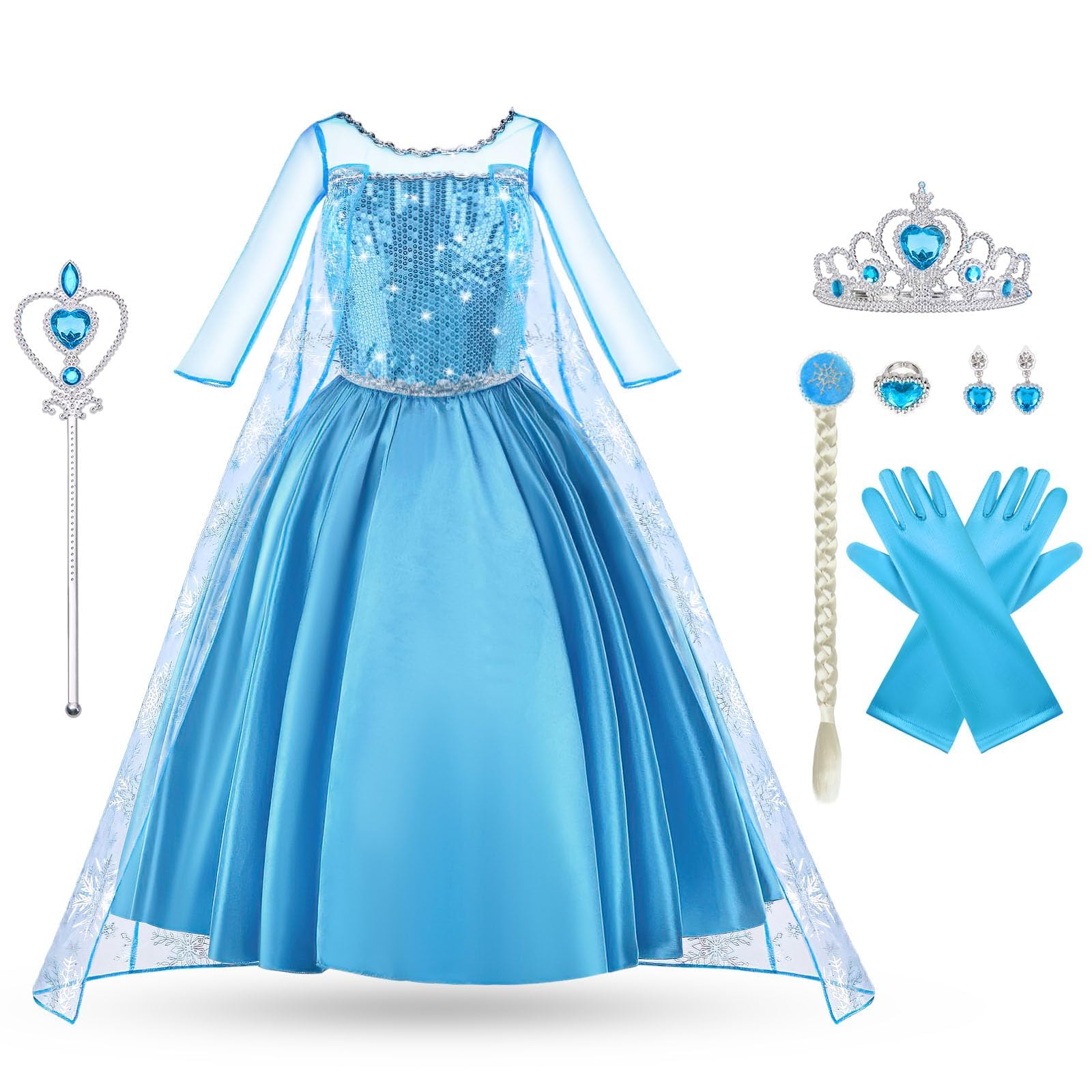 Vicloon Elsa Costume Ragazze Principessa, Elsa Vestito Set con Principessa Corona e Principessa Bacchetta, Cosplay Party Halloween Abito delle Ragazze di Natale Vestito Fantasia