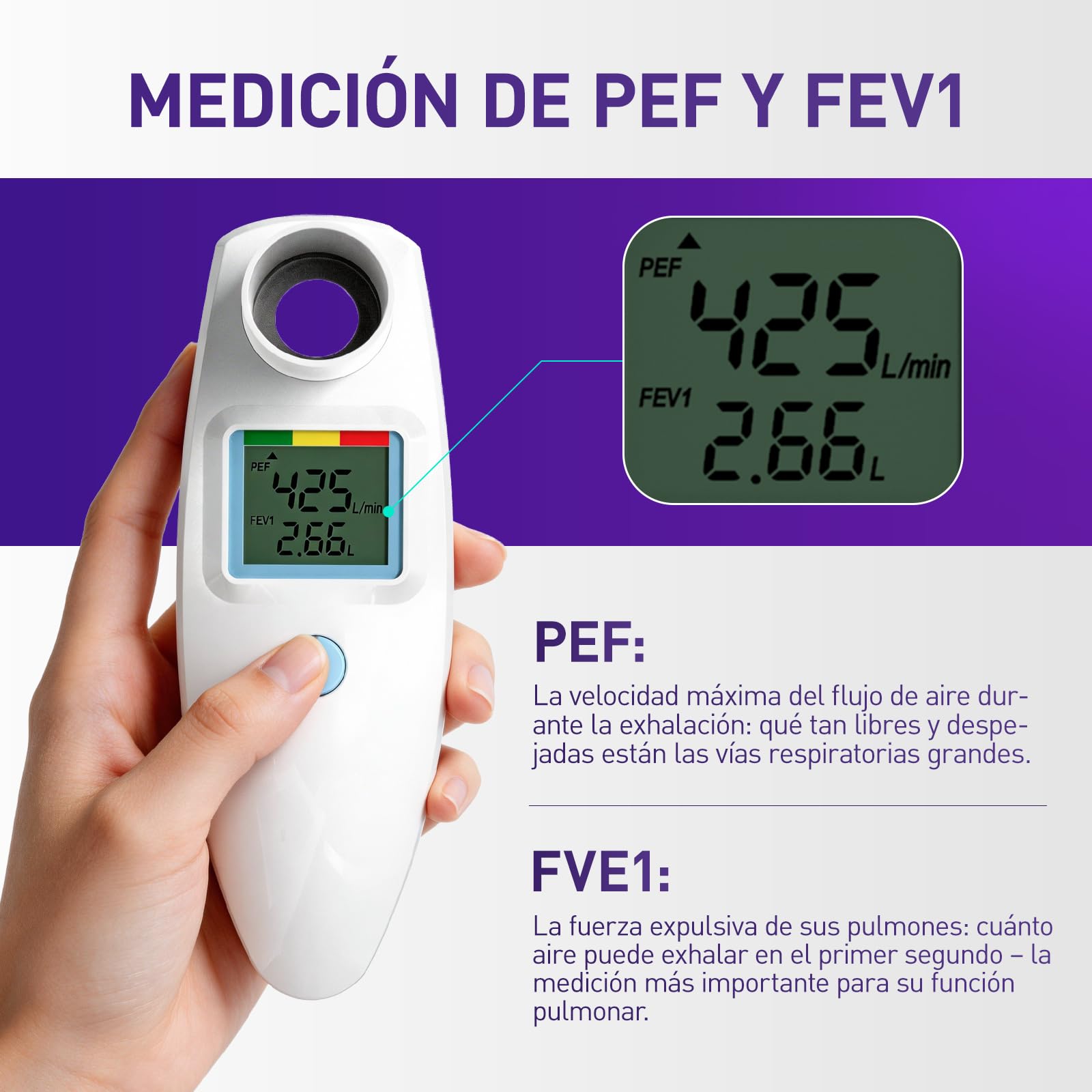 Medidor de flujo espiratorio, sin Bluetooth, para adultos y niños para monitorear la función pulmonar, LCD, espirómetro digital para asma, EPOC, PEF y FEV1, indicador de riesgo, formulario de diario