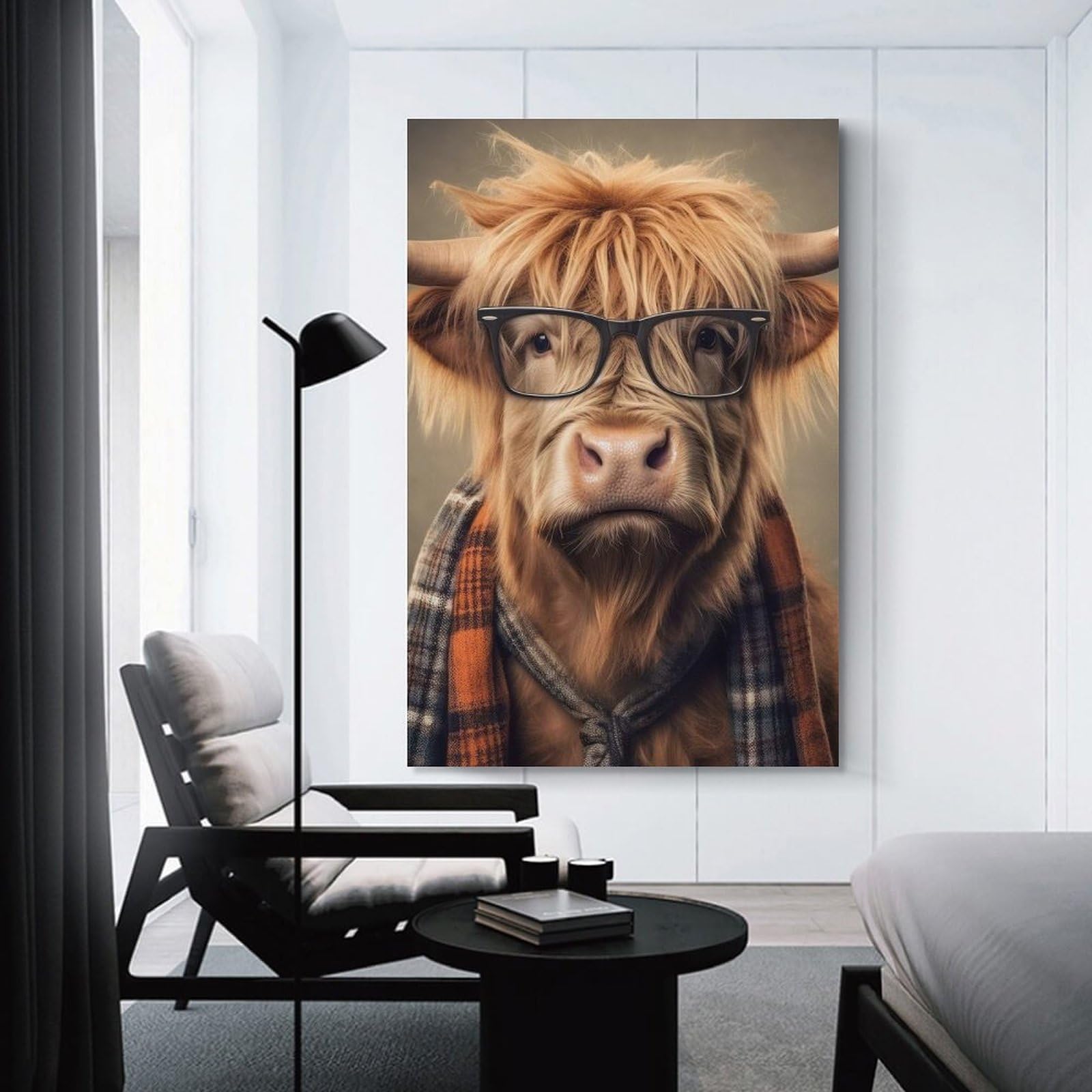 Junmoney Unframe-Style-17 Funny Dressed Highland Cow Decorative Canvas Print, 24X36inch(60X90cm), For Contemporary Homes, Apartments Or Offices, Home Artwork For Modern Interiors