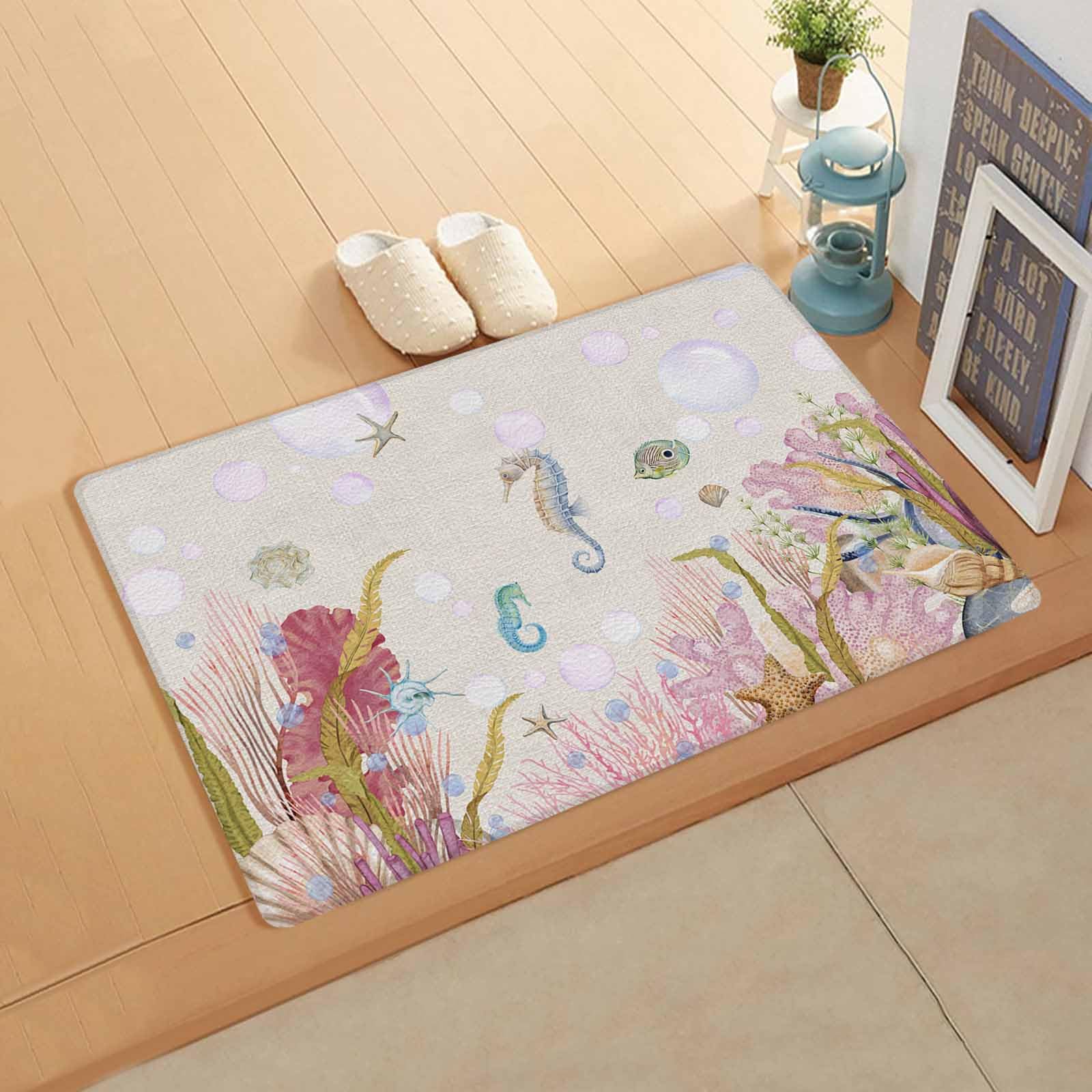 Seahorses Antifatigue Kitchen Bath Door Mat Cushioned Runner Rug,Washable Welcome Floor Sink Mat,Waterproof & Non-Slip Standing Doormat for Kitchen,Retro Ocean Corals Coastal Nautical Summer 18