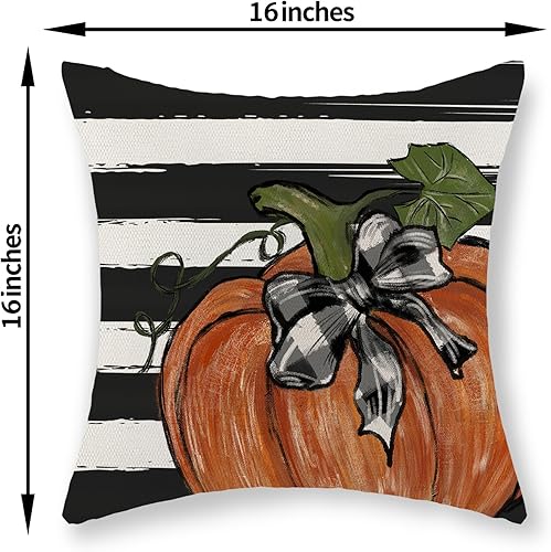 Miniatura 117 de Juego de 2 fundas de almohada de otoño de 18 x 18 pulgadas, hojas de arce de calabaza y búfalo a cuadros, decoración de otoño, de lino, Acción