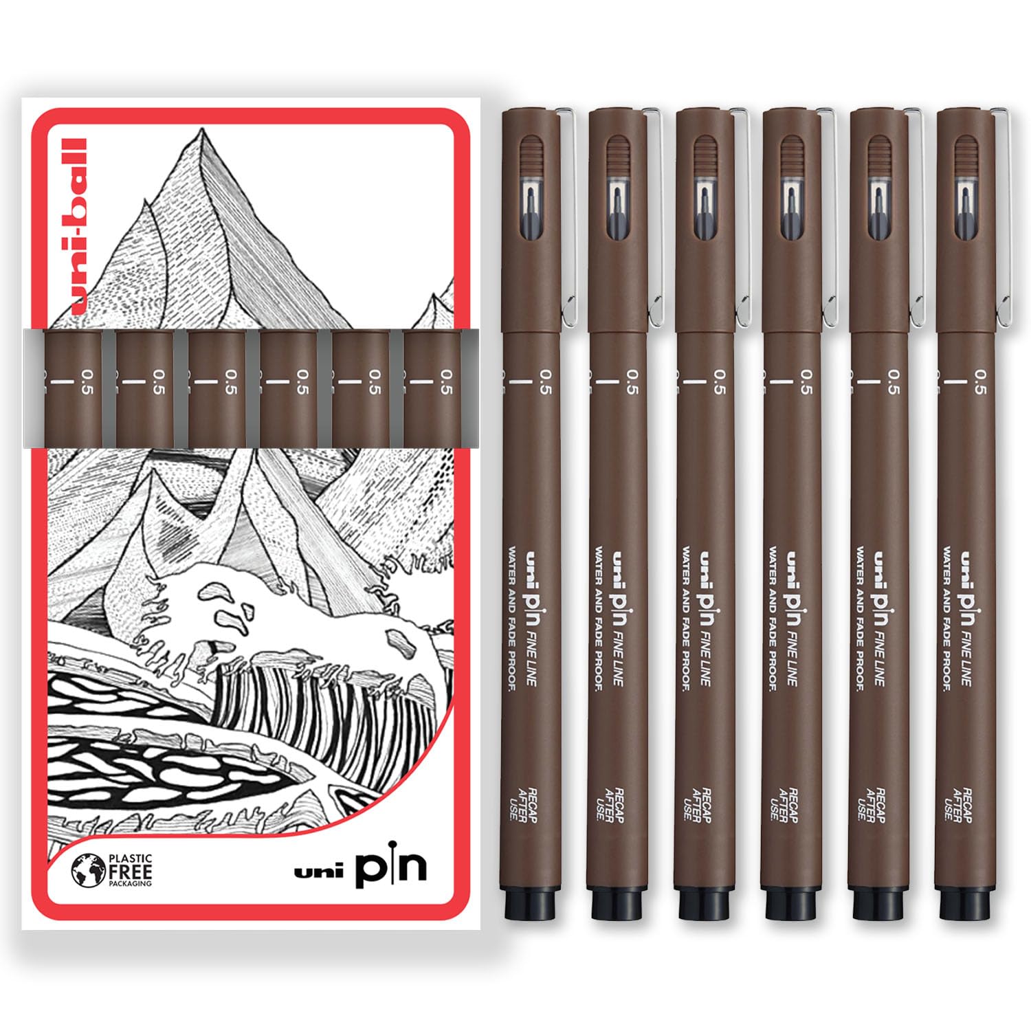 uni-ball PIN Fineliners, Dark Grey, Light Grey, Brown, 1 count (Pack of 6)