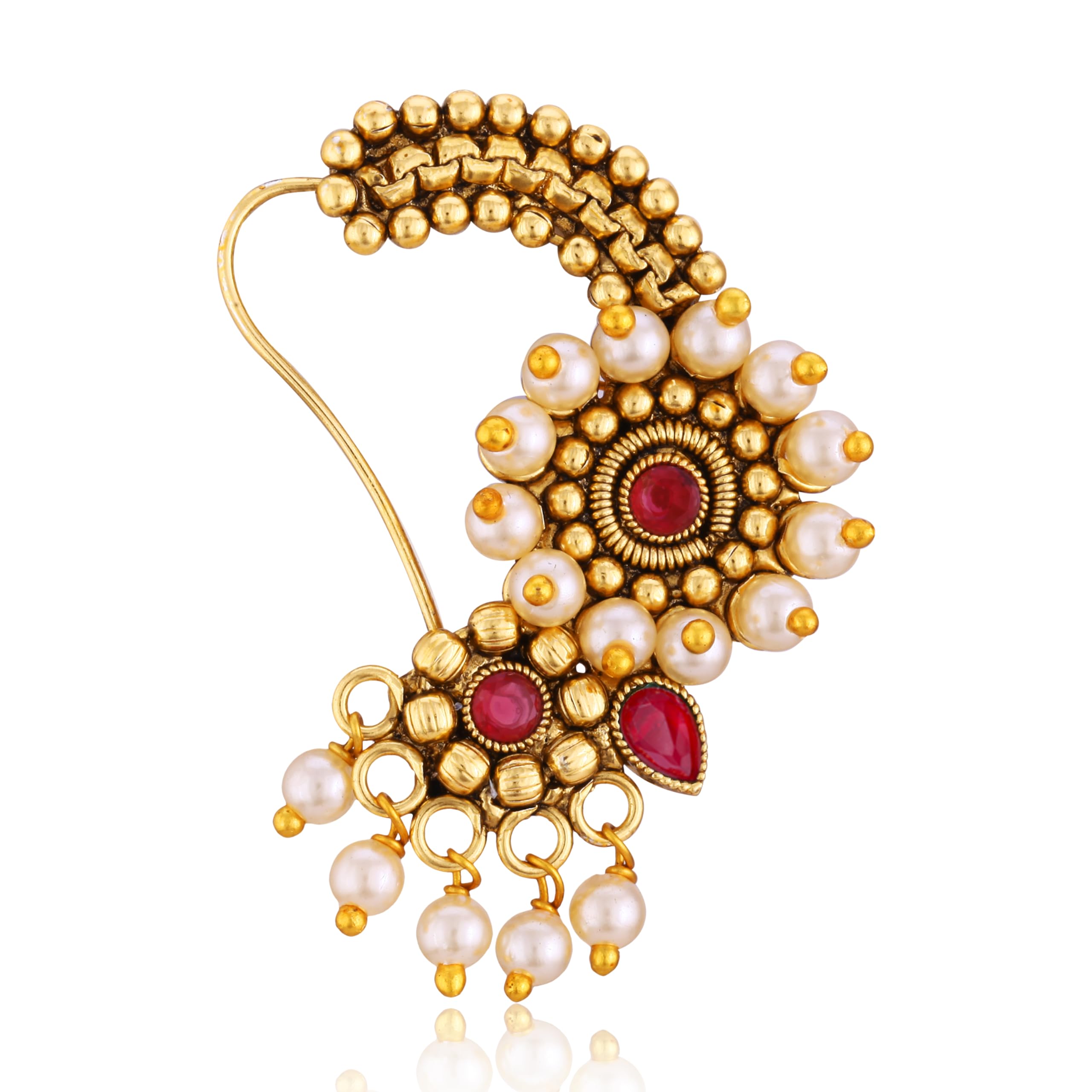 Vivastri's Premium and Unique red CZ Stone Pearl Beaded Nosepin For Women & Girls-VIVA1251NTH-TAR-RED-image-4
