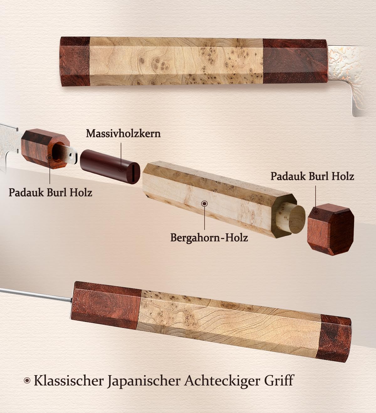 HEZHEN Kupfer Damaststahl Universal Messer，Damaskus Schälmesser Multifunktionales Obstmesser, Achteckiger Griff aus Figaro Bergahorn Holz+ Padauk-Maserholz