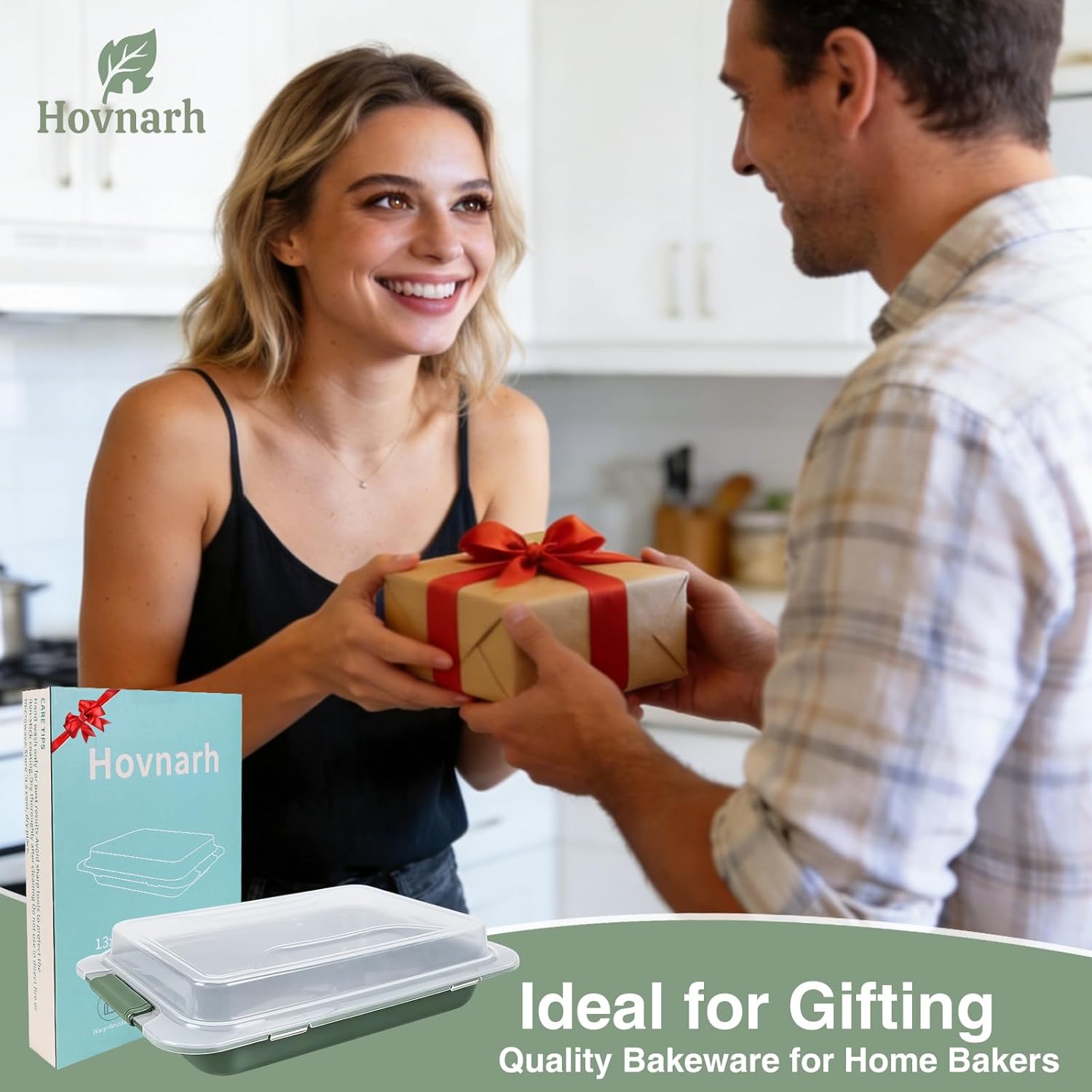 9x13 Baking Pan with Lid, Deep Nonstick Covered Cake Pan for RV & Convection Oven, Heavy Duty Warp-Resistant Pan with Silicone Handles, Snap-On Cover for Meal Prep, Storage, Transport (Green)