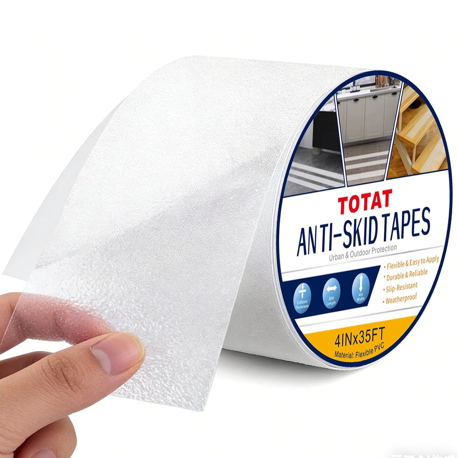 Clear Anti Slip Tape for Stairs & Bathtubs, 4" x35FT Non-Skid Transparent Grip Tape - Soft PVC Safety Traction for Bare Feet, Pool Decks, Boats, Shower Floors
