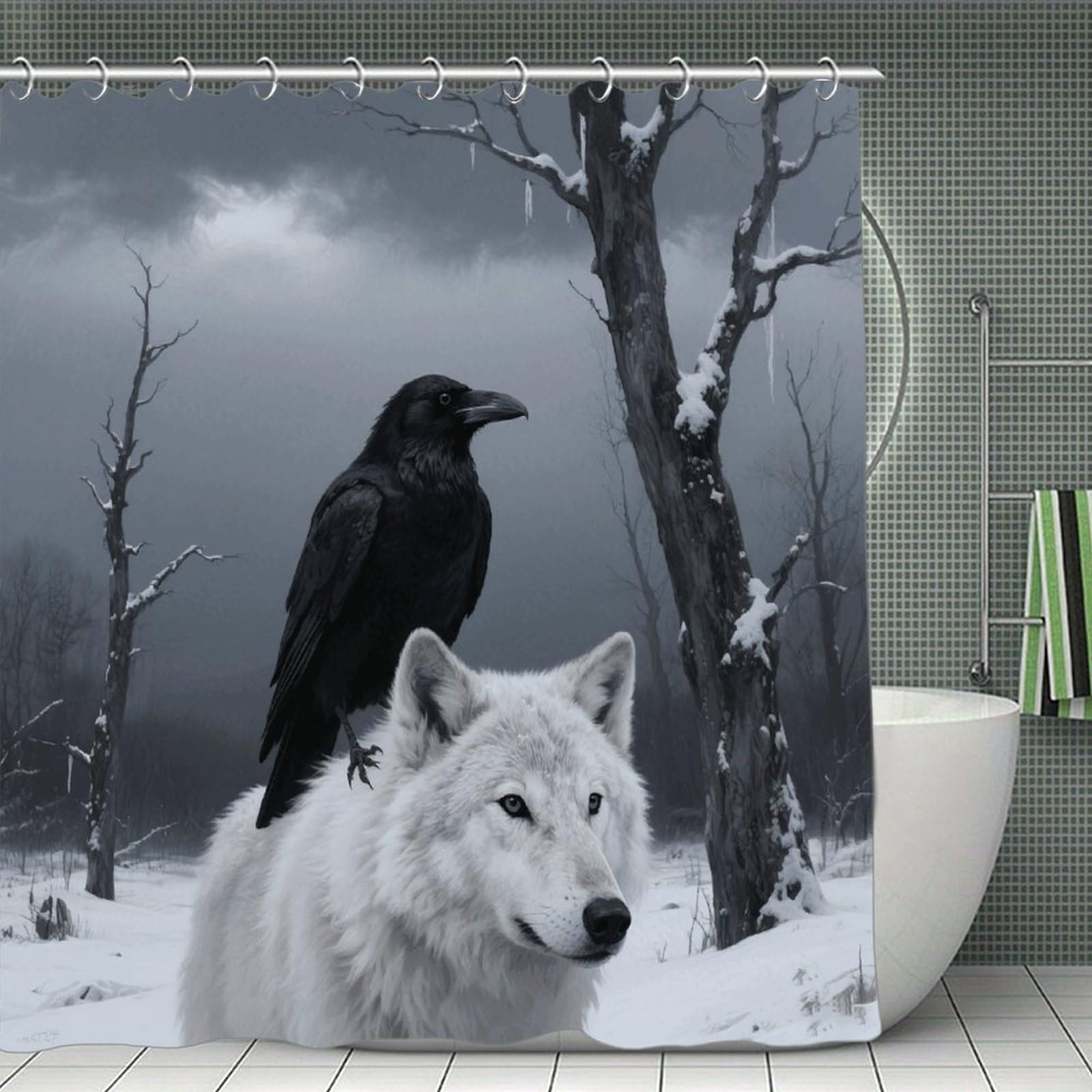 VstaDank Crow and White Wolf Shower Curtain Waterproof Bathroom Shower Curtain with C Type Hooks Soft Lightweight Shower Curtains Liner Washable Polyester Cloth Shower Liner 71x71 Inch
