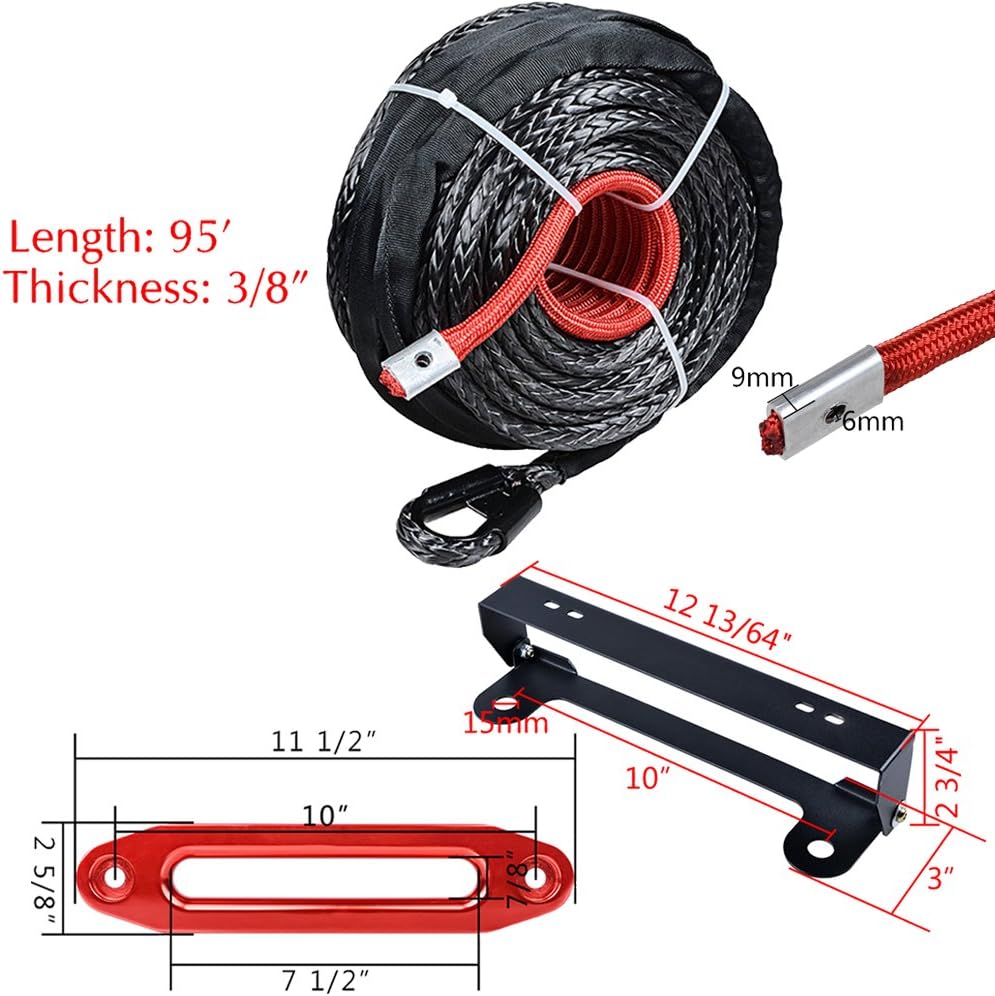 Black 95ft x 3/8" 20500LBs Synthetic Winch Rope Cable Heat Guard + 10" Anodized RED Hawse Fairlead w/ 4 Mounting Hole 254mm Flip-Up License Plate Holder Kit