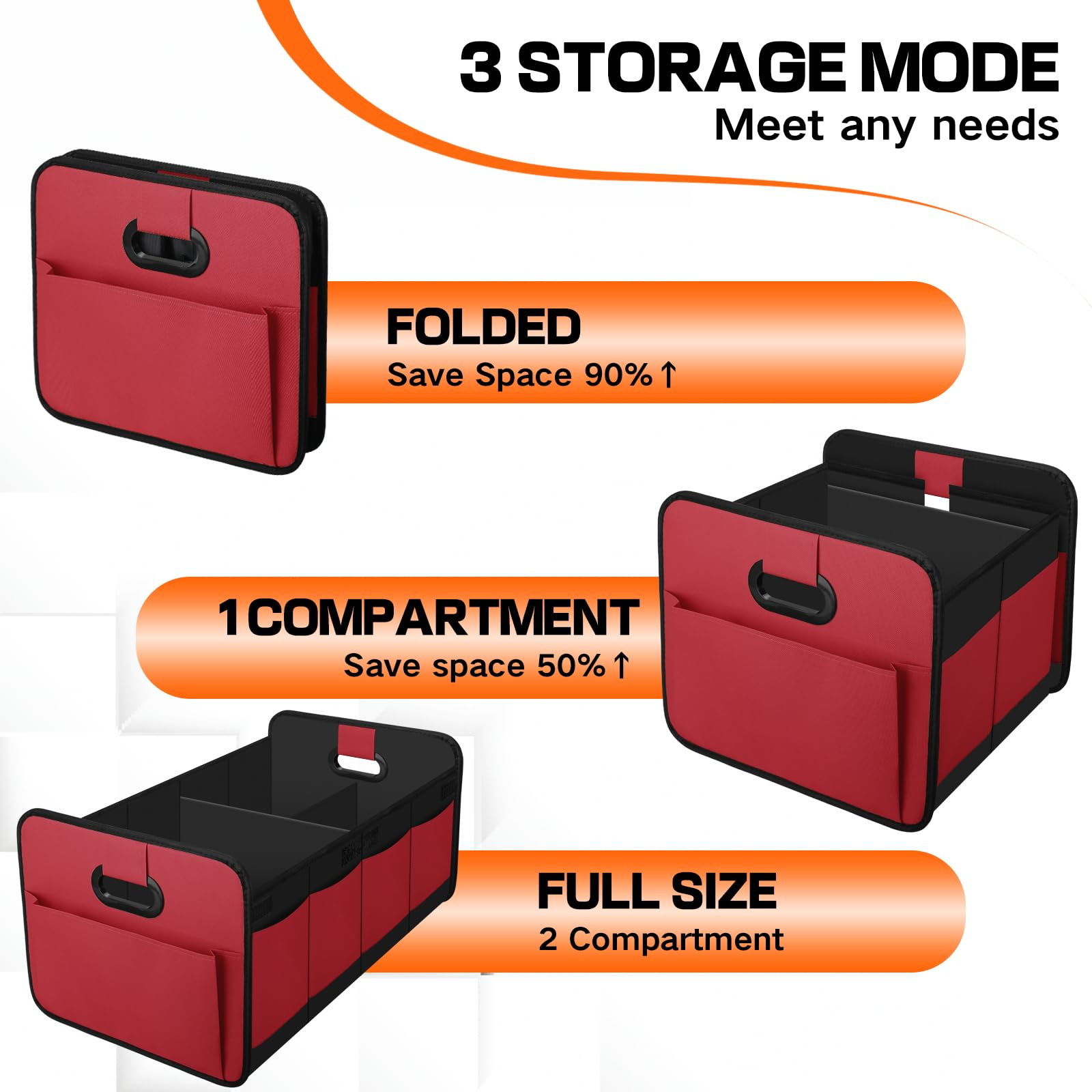 Organizador de Maletero Coche,Bolsa Plegable Reforzada y Estable con Bolsillo de Red,Caja Antideslizante, Impermeable y Versátil para Almacenaje Interior – Negro (Rojo)