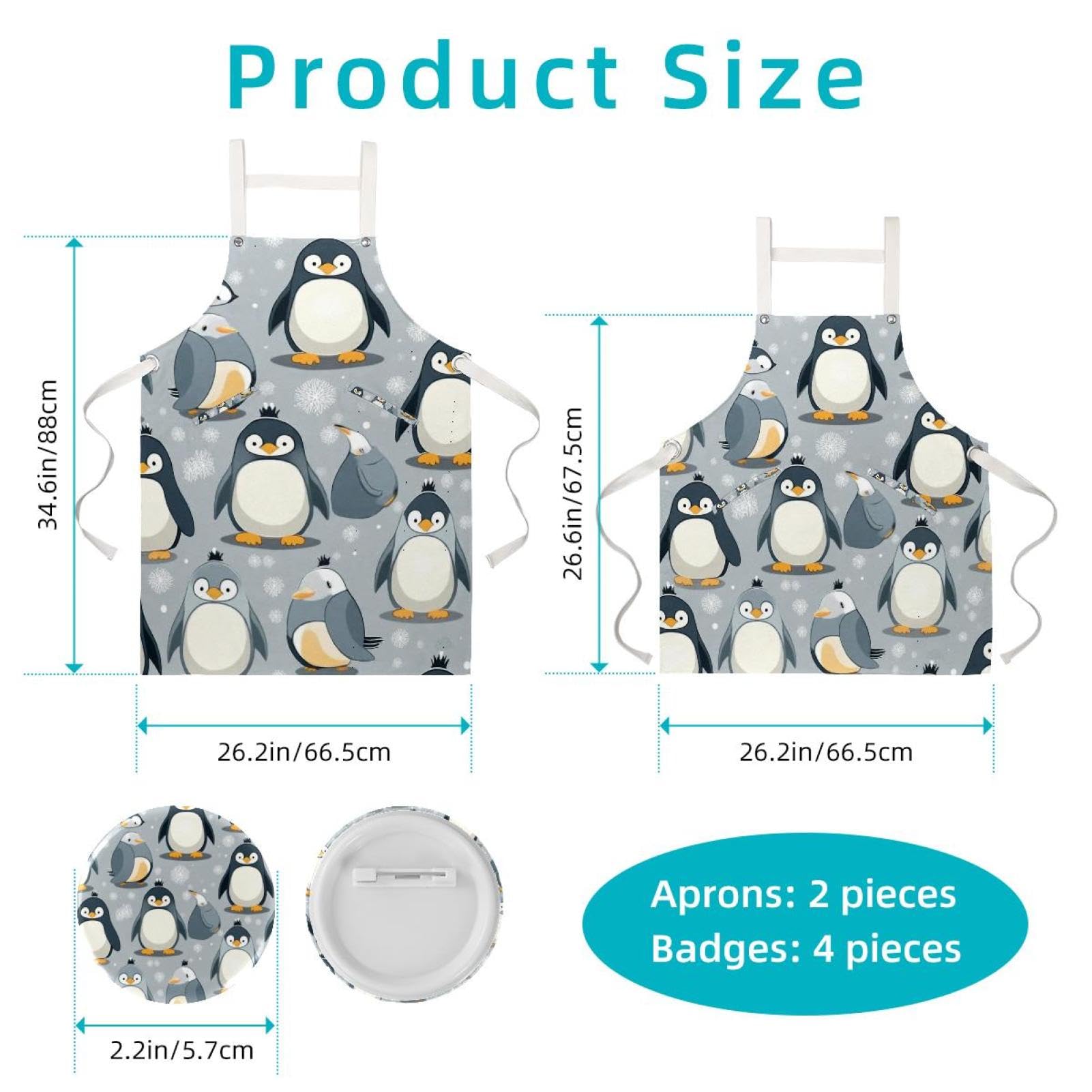 Lot de 2 tabliers de cuisine avec badge rond, mignon petit pingouin, résistant à l'eau avec 2 poches, tabliers de cuisine pour homme et femme, Joli petit pingouin,