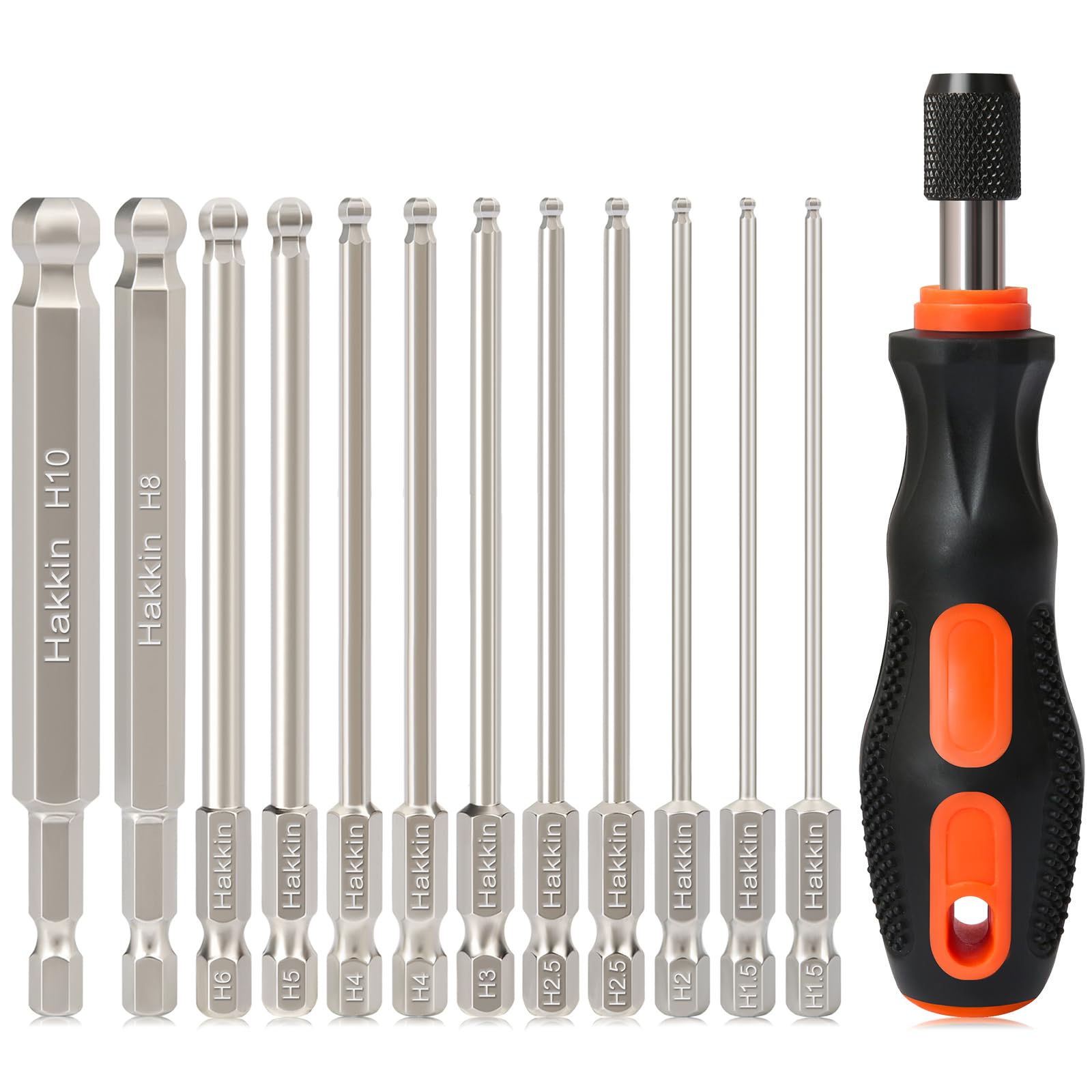 Ball End Allen Key Bit Set Hakkin 100mm Metric Ball End Hex Bits S2 Steel 1/4” Hex Shank Magnetic Allen Wrench Screwdriver Bit with Bit Driver for Furniture Assembly H1.5-H10